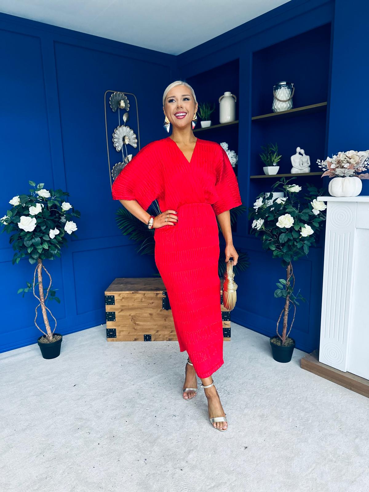 Willow Plisse Detail Midi Dress Red