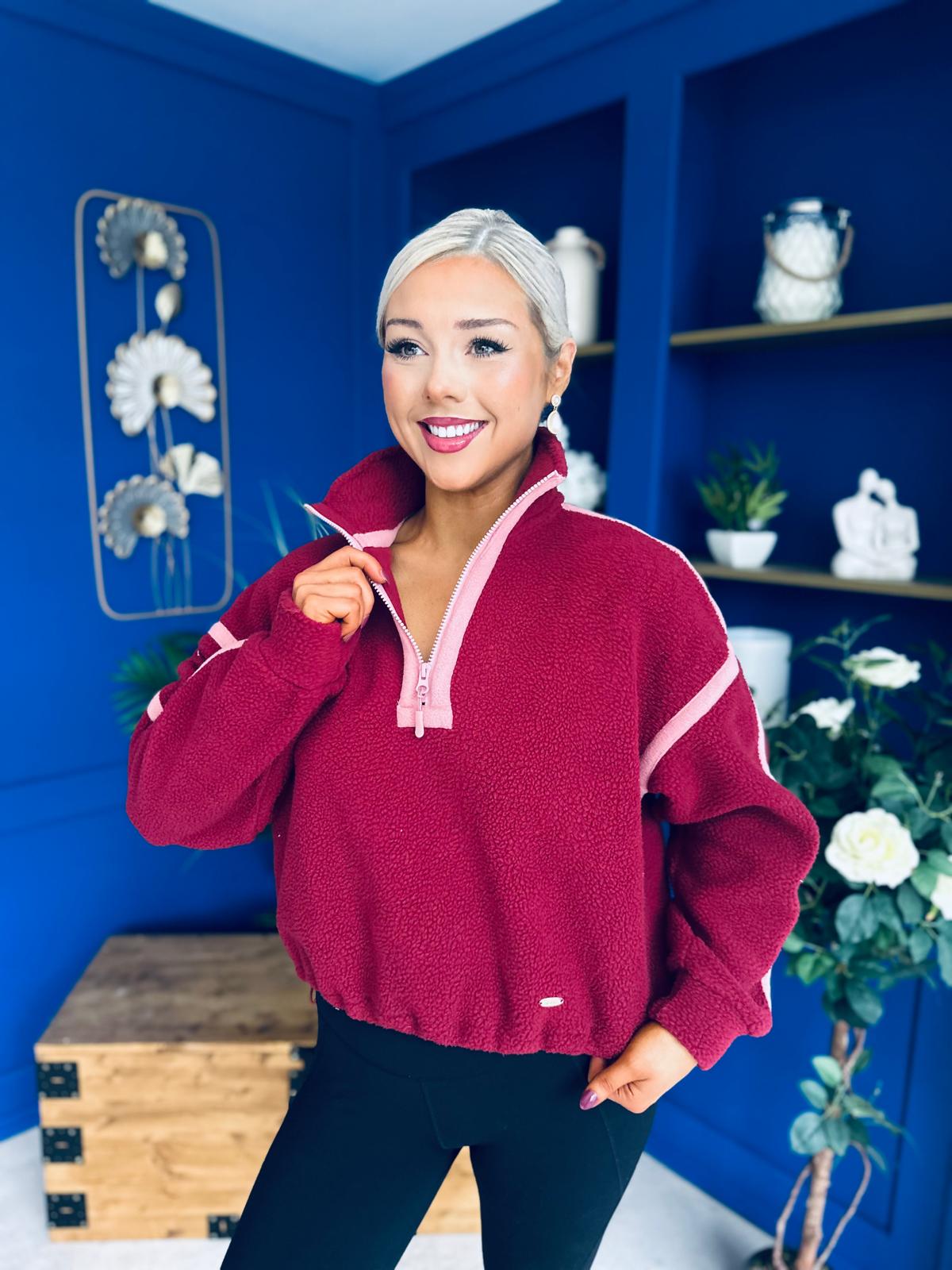 Lulu Contrast Binding 1/4 Zip Fleece Wine