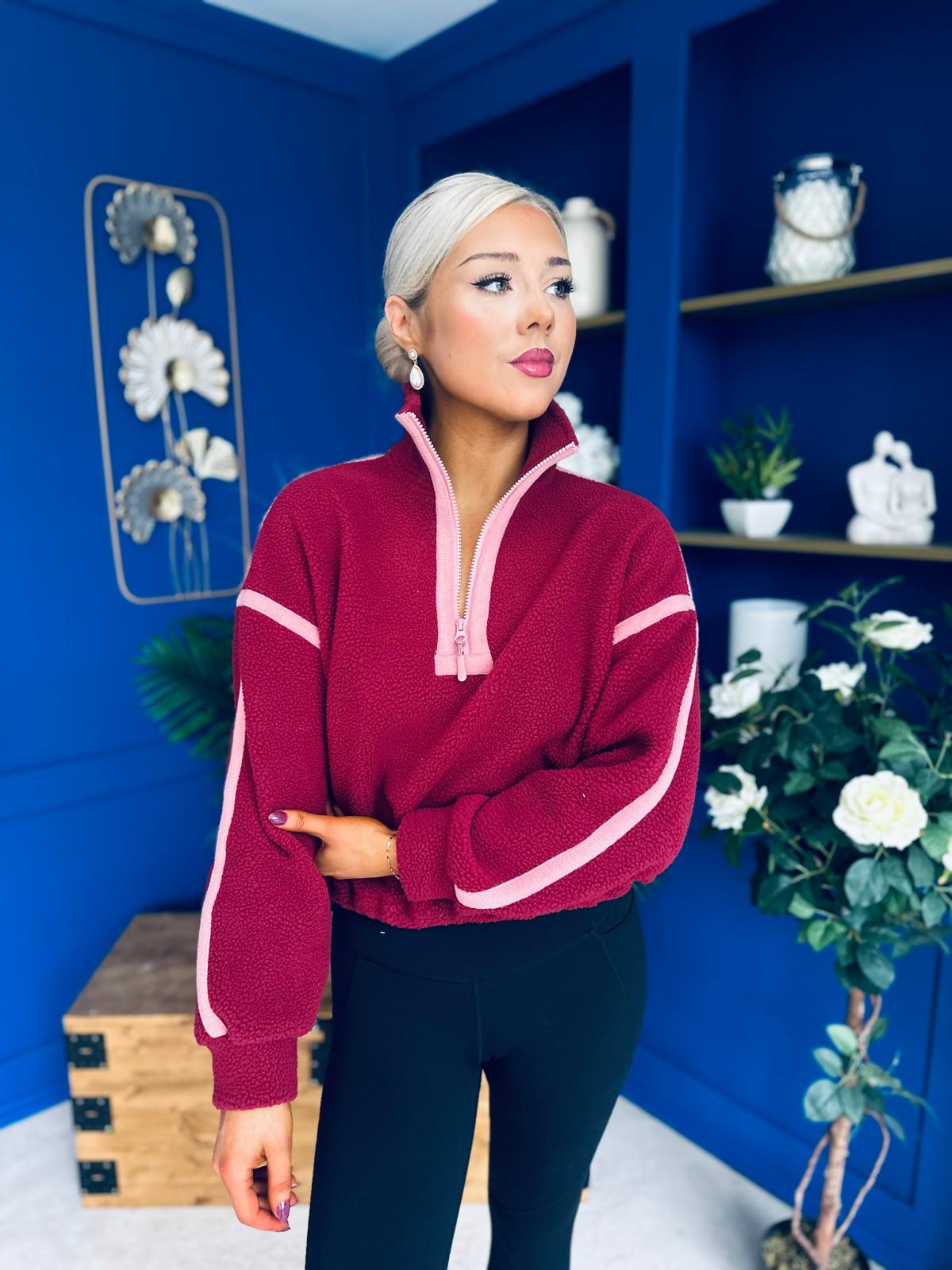 Lulu Contrast Binding 1/4 Zip Fleece Wine