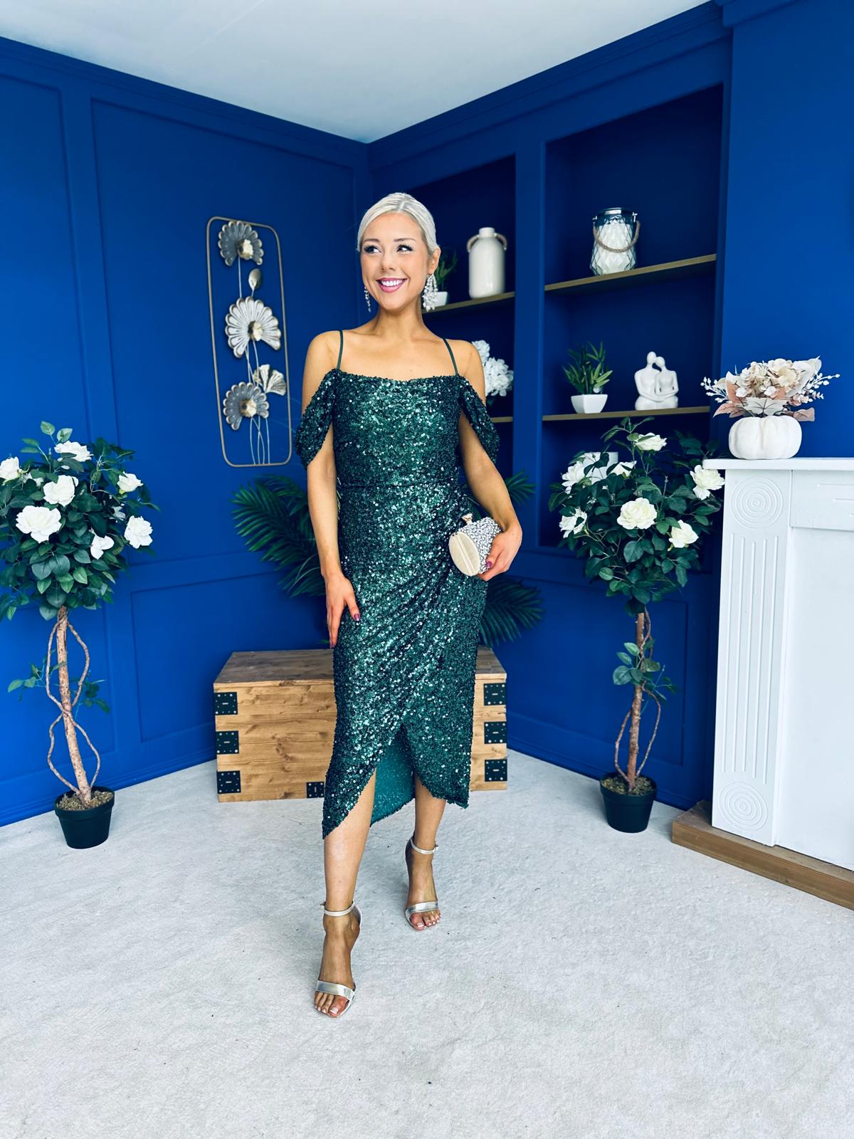 Camila Sequin Occasion Midi dress Green