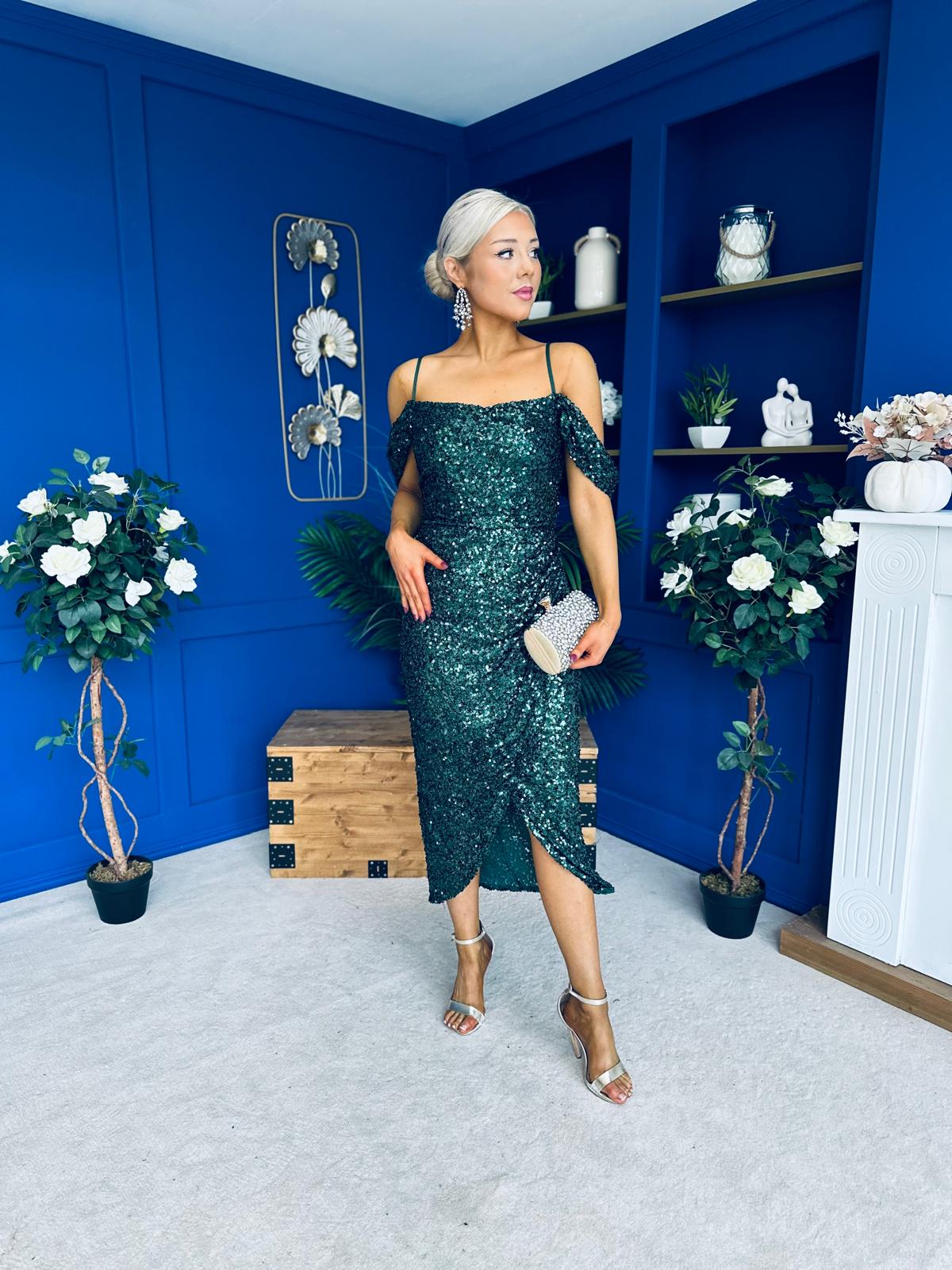 Camila Sequin Occasion Midi dress Green