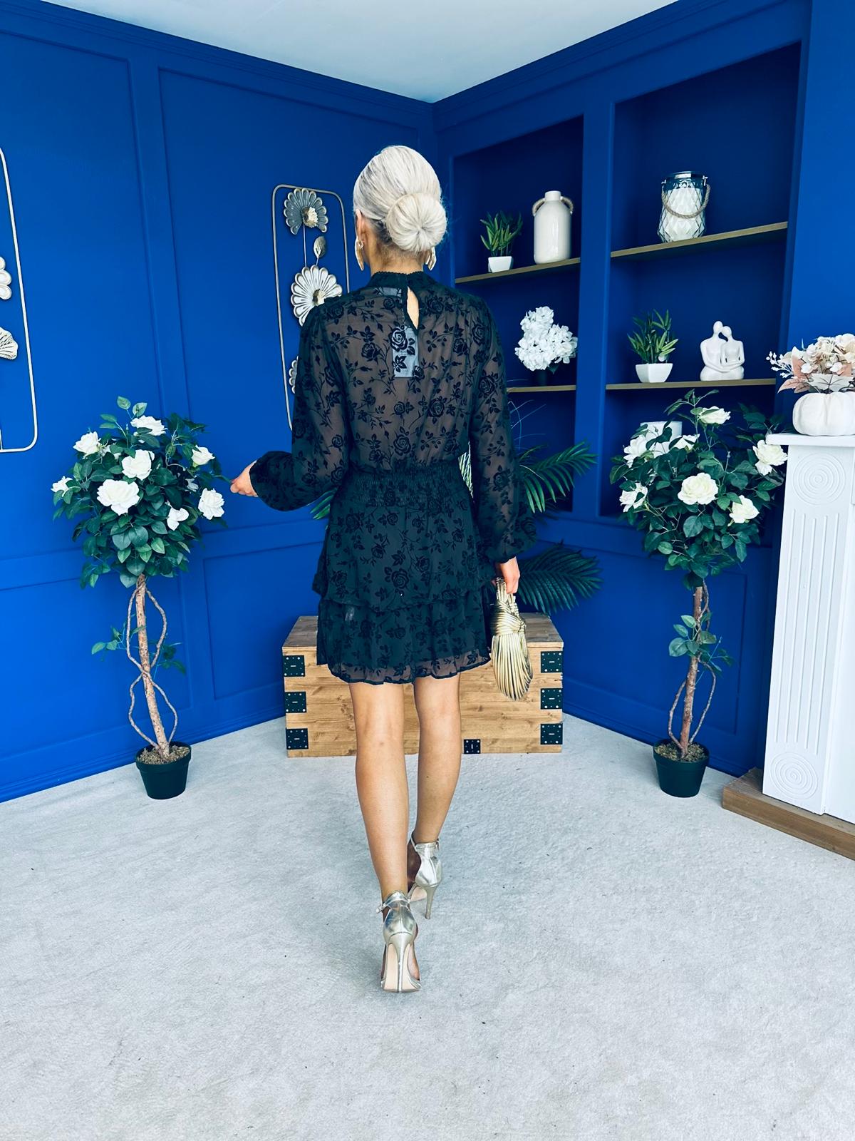 Stacey High Neck Mini Dress Burnout Black