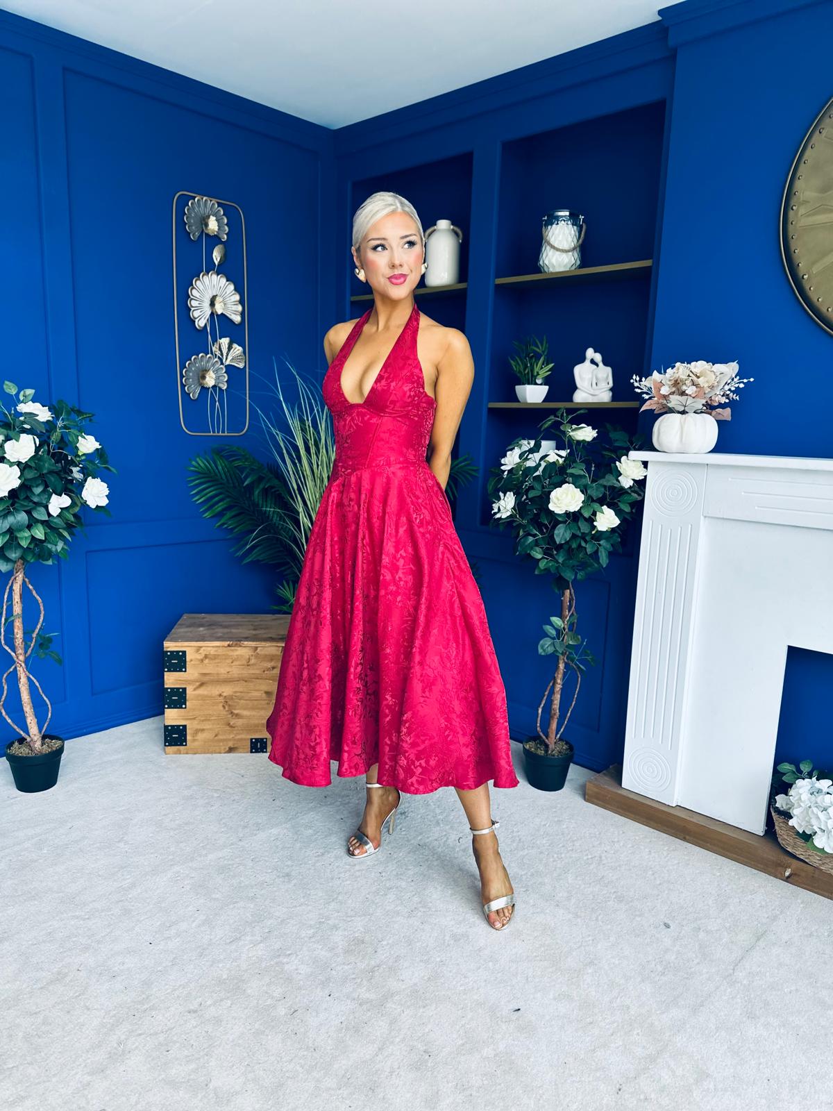 Diana Halterneck Jaquard Dress Wine