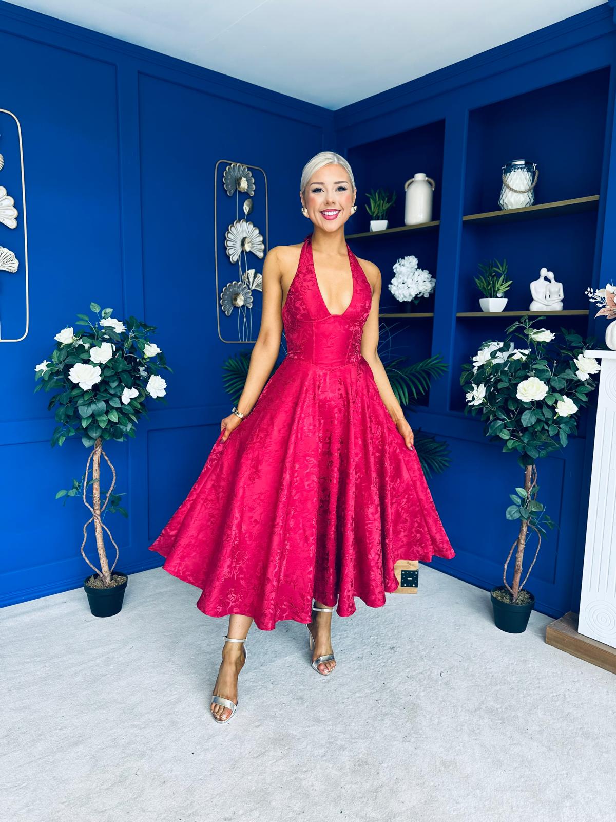 Diana Halterneck Jaquard Dress Wine