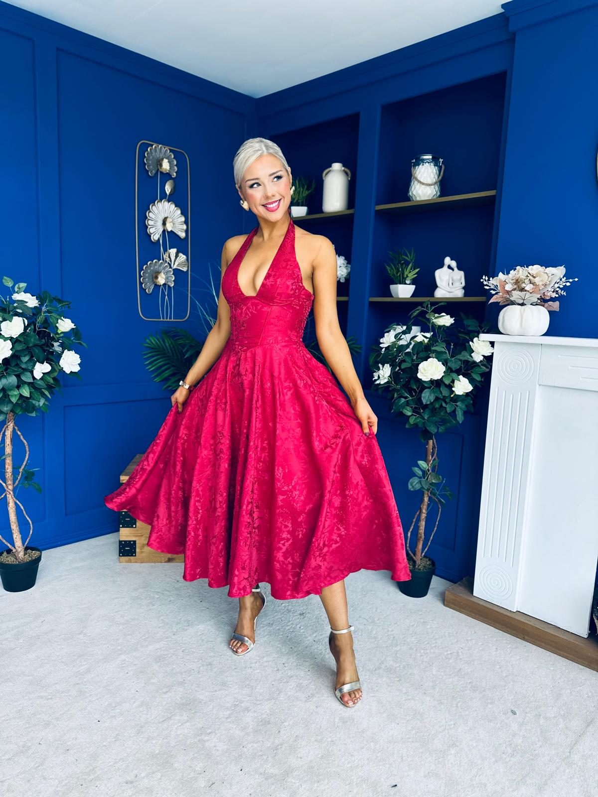 Diana Halterneck Jaquard Dress Wine