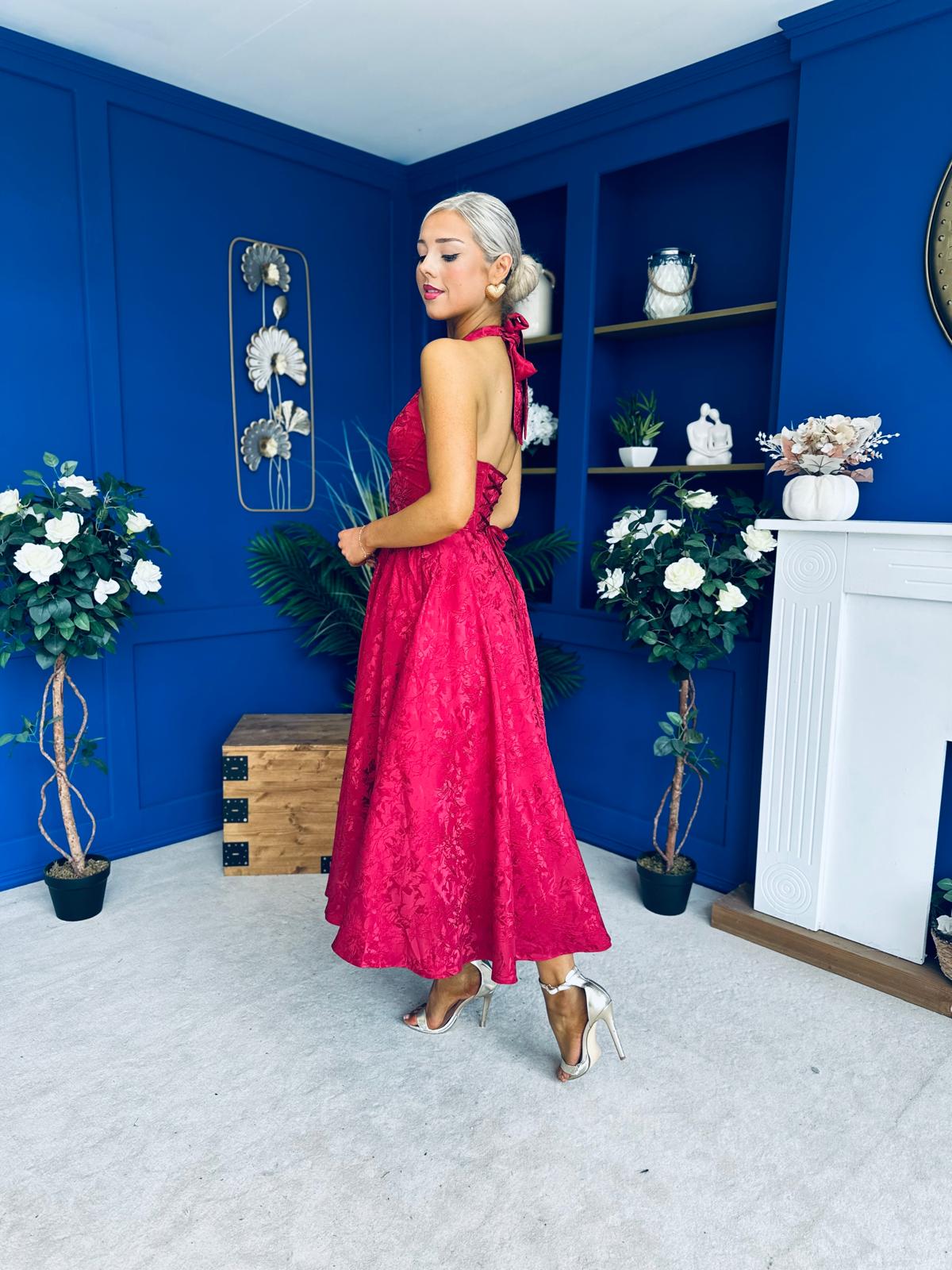 Diana Halterneck Jaquard Dress Wine