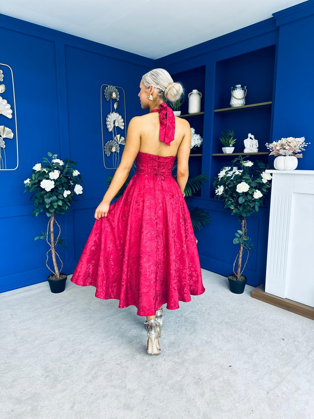 Diana Halterneck Jaquard Dress Wine