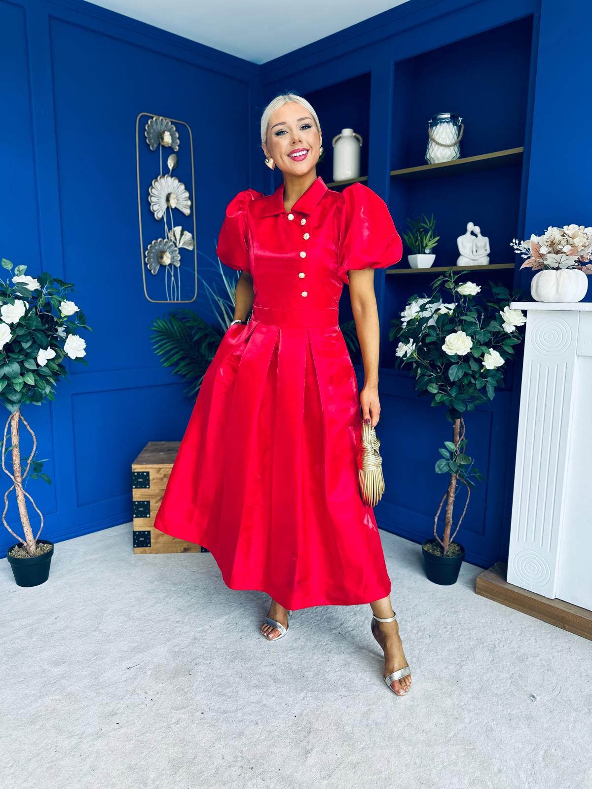 Felicity Detailed Occasion Midi Dress Red