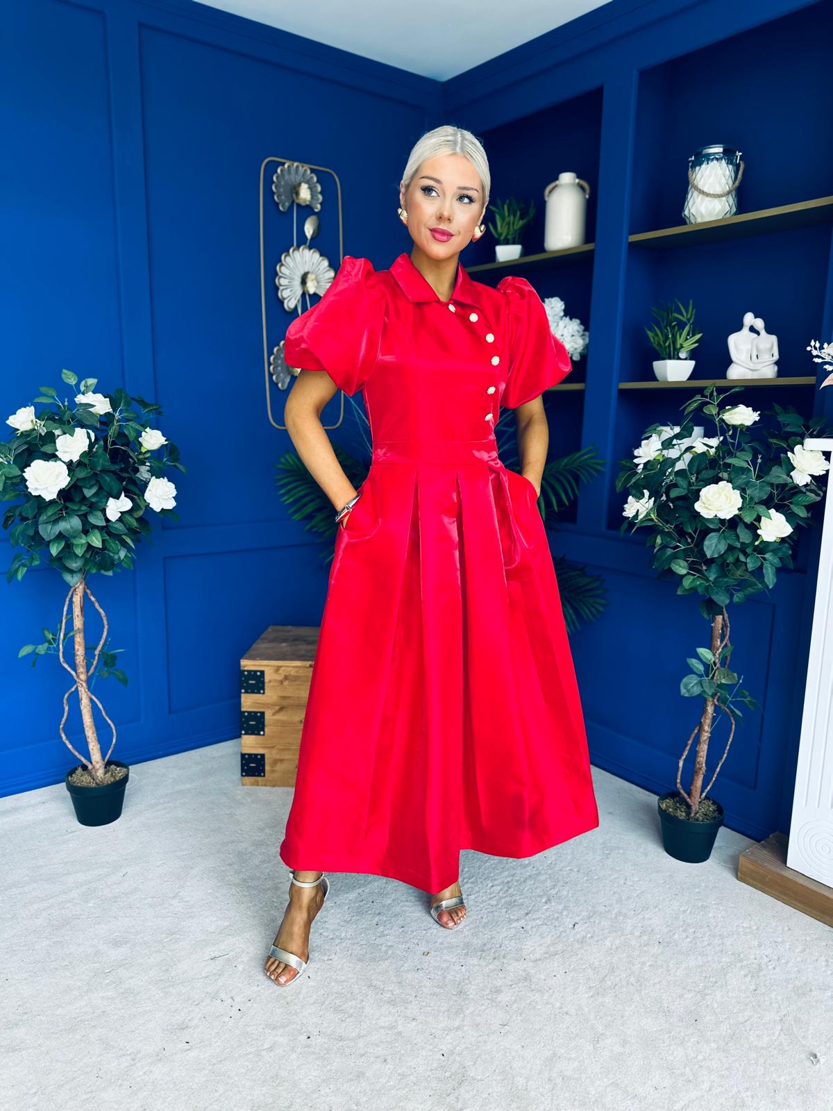 Felicity Detailed Occasion Midi Dress Red