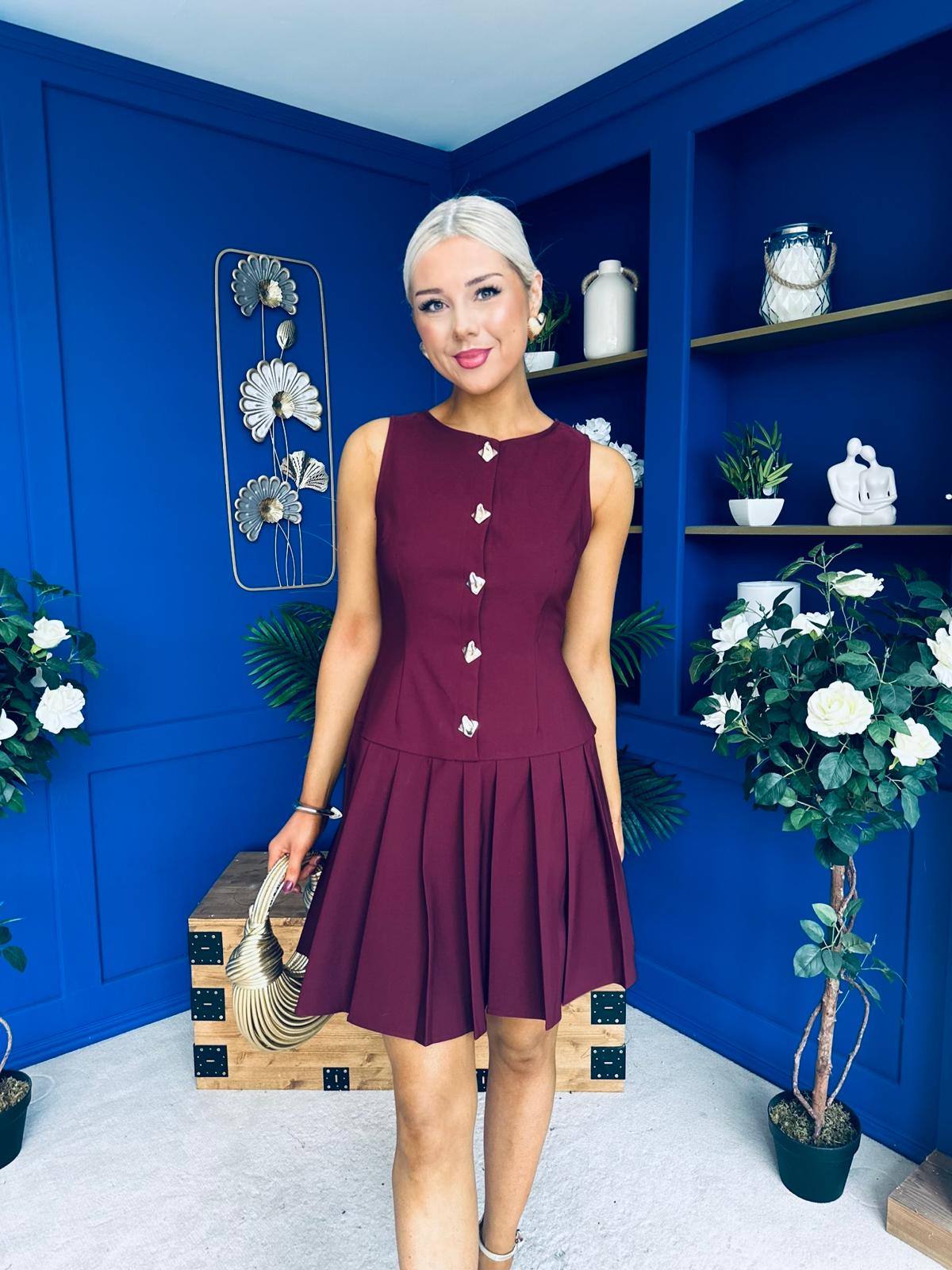 Penelopie Tailored Pleated Mini Dress Wine