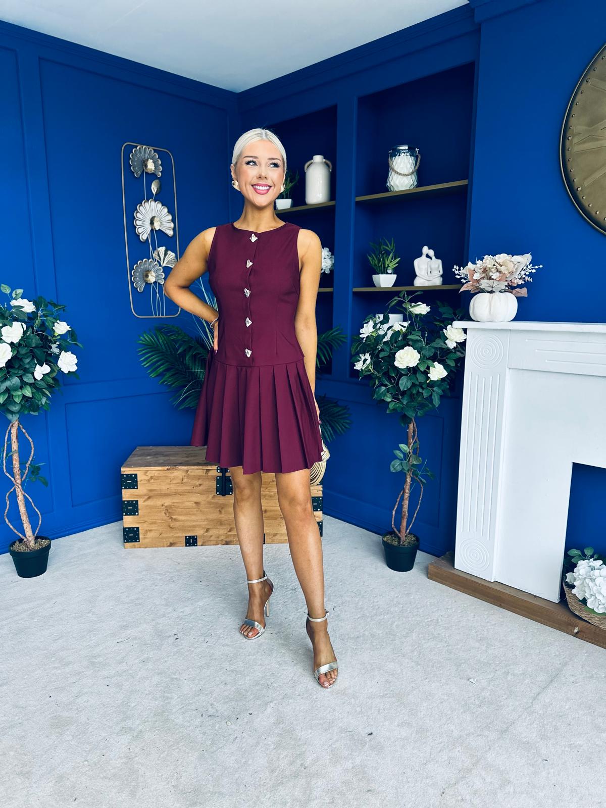 Penelopie Tailored Pleated Mini Dress Wine
