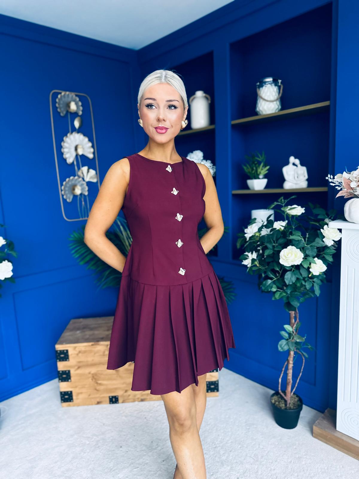 Penelopie Tailored Pleated Mini Dress Wine