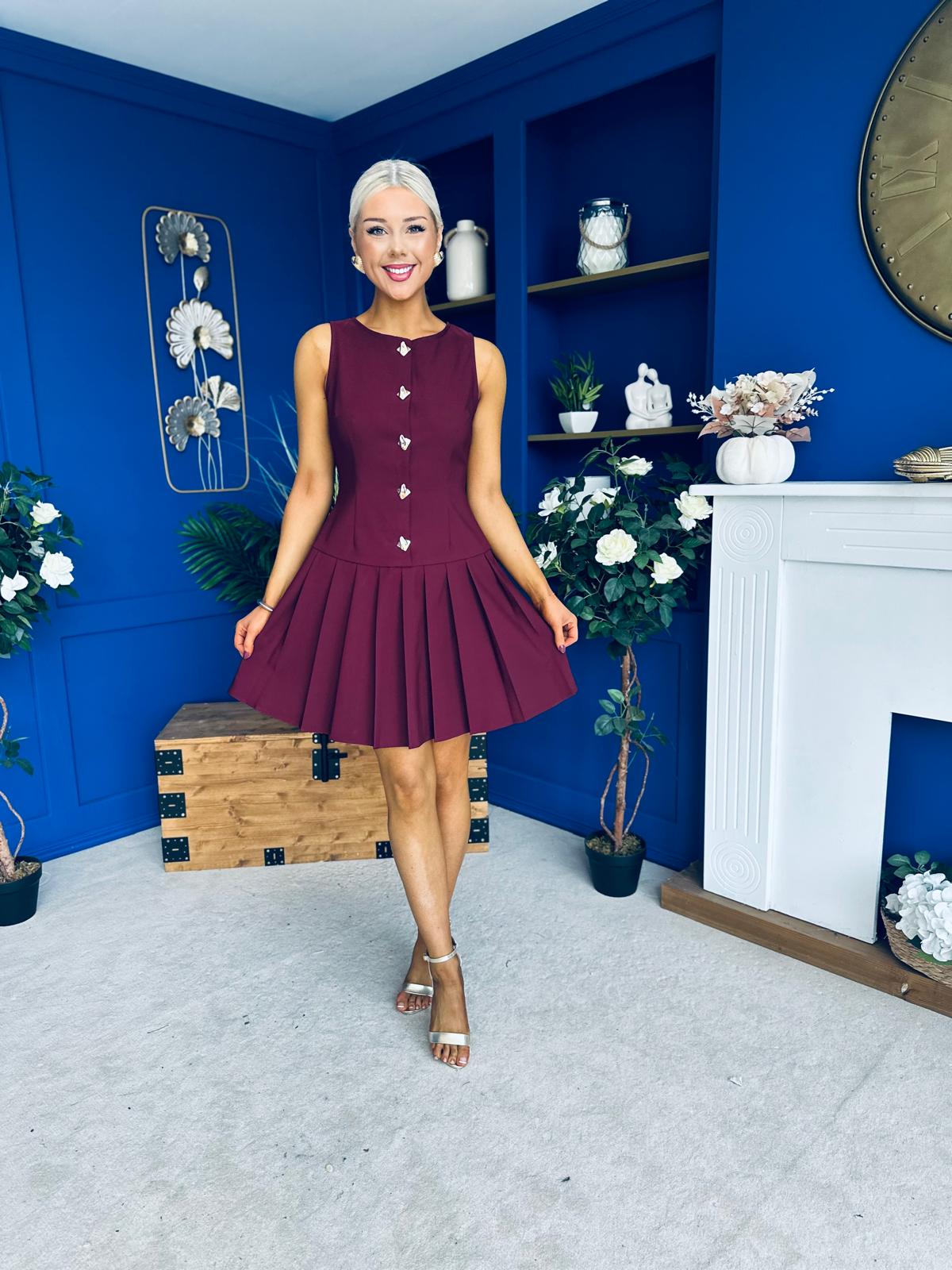 Penelopie Tailored Pleated Mini Dress Wine