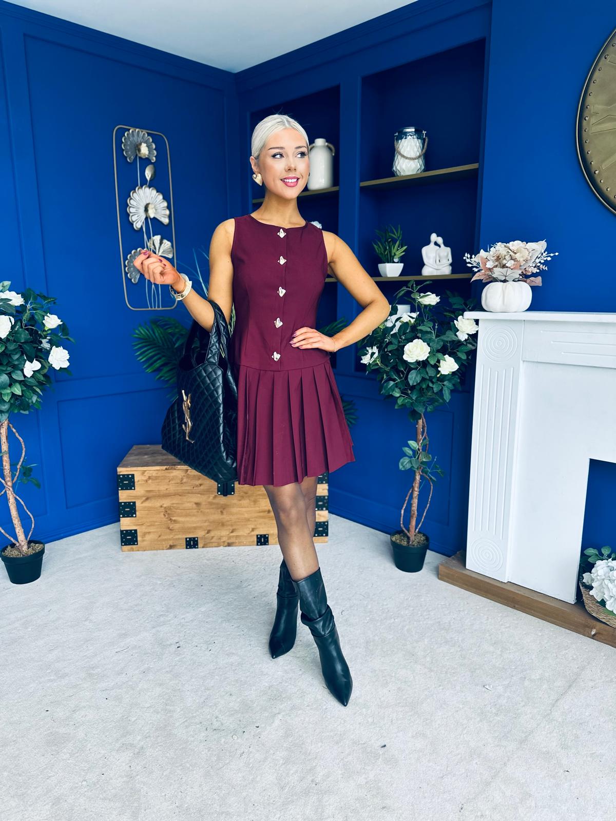 Penelopie Tailored Pleated Mini Dress Wine