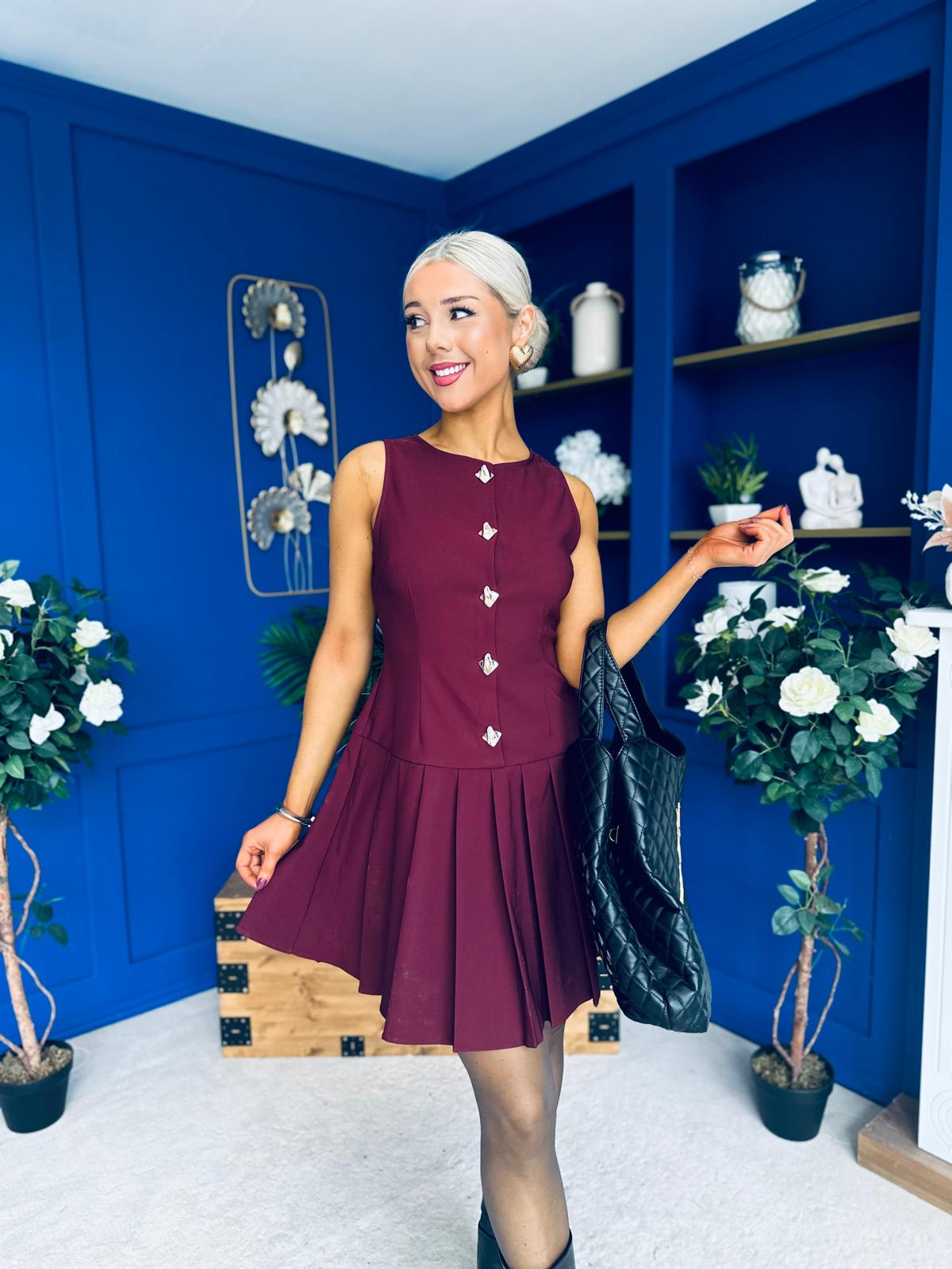 Penelopie Tailored Pleated Mini Dress Wine