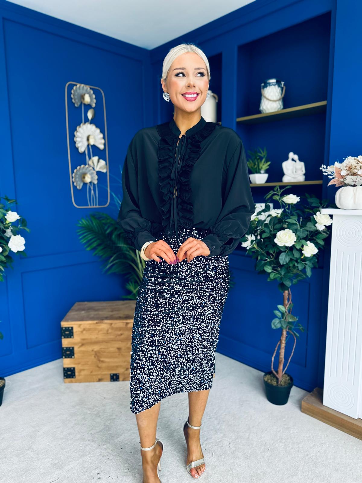 Pepper Velvet Sequin Midi Skirt Black