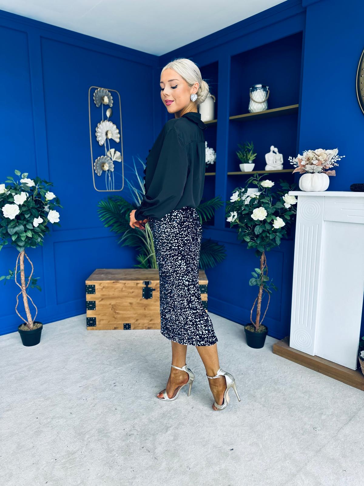 Pepper Velvet Sequin Midi Skirt Black