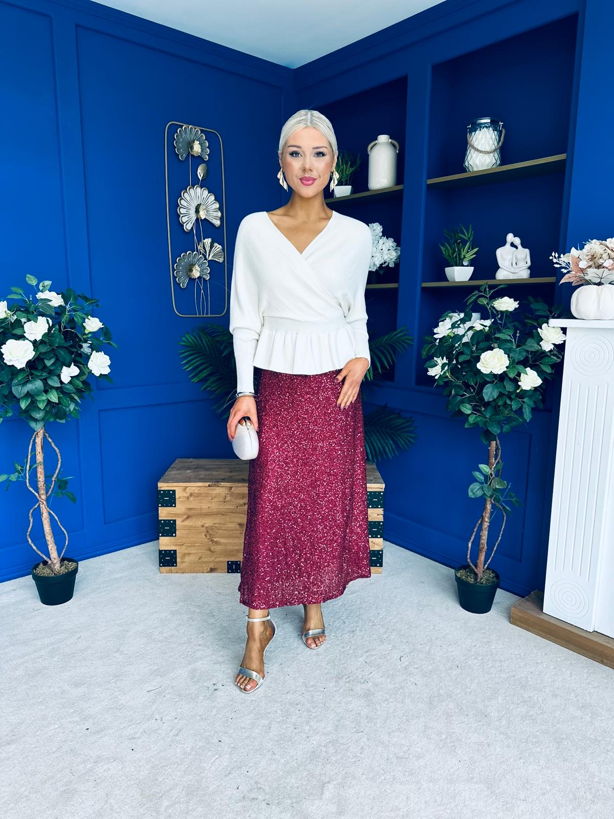 Jean Sequin Midi Skirt Wine