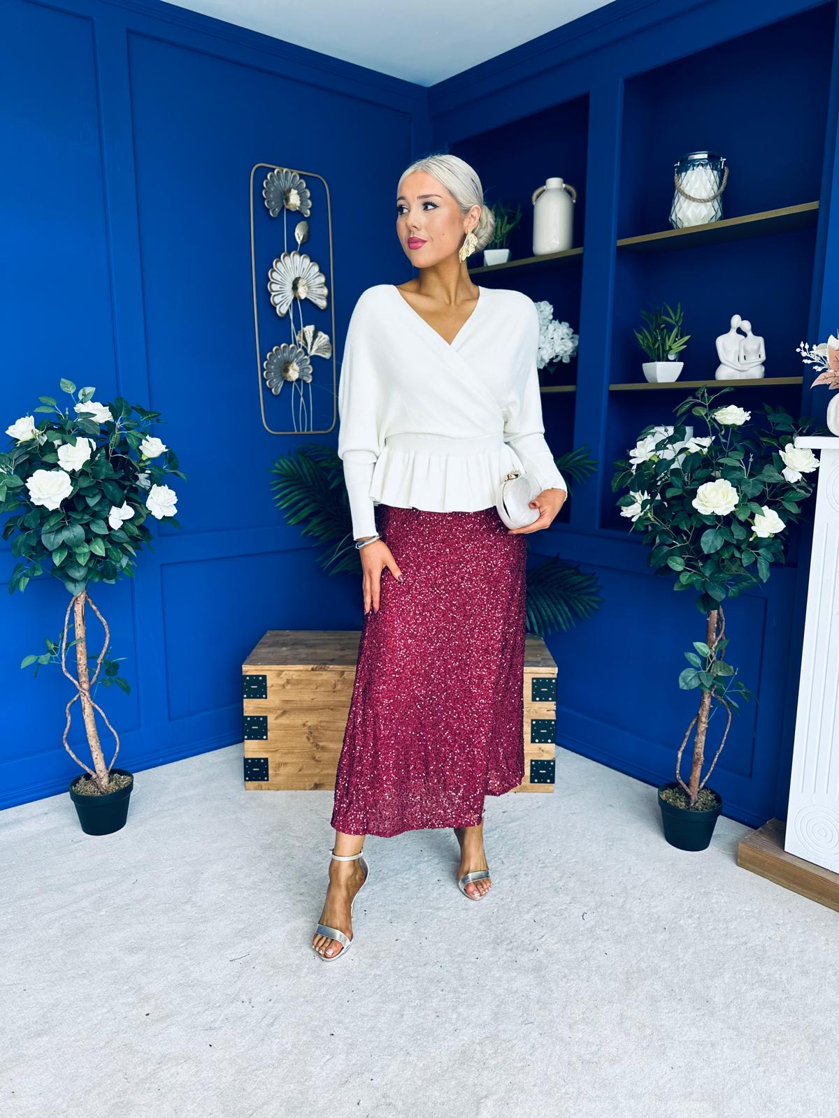 Jean Sequin Midi Skirt Wine
