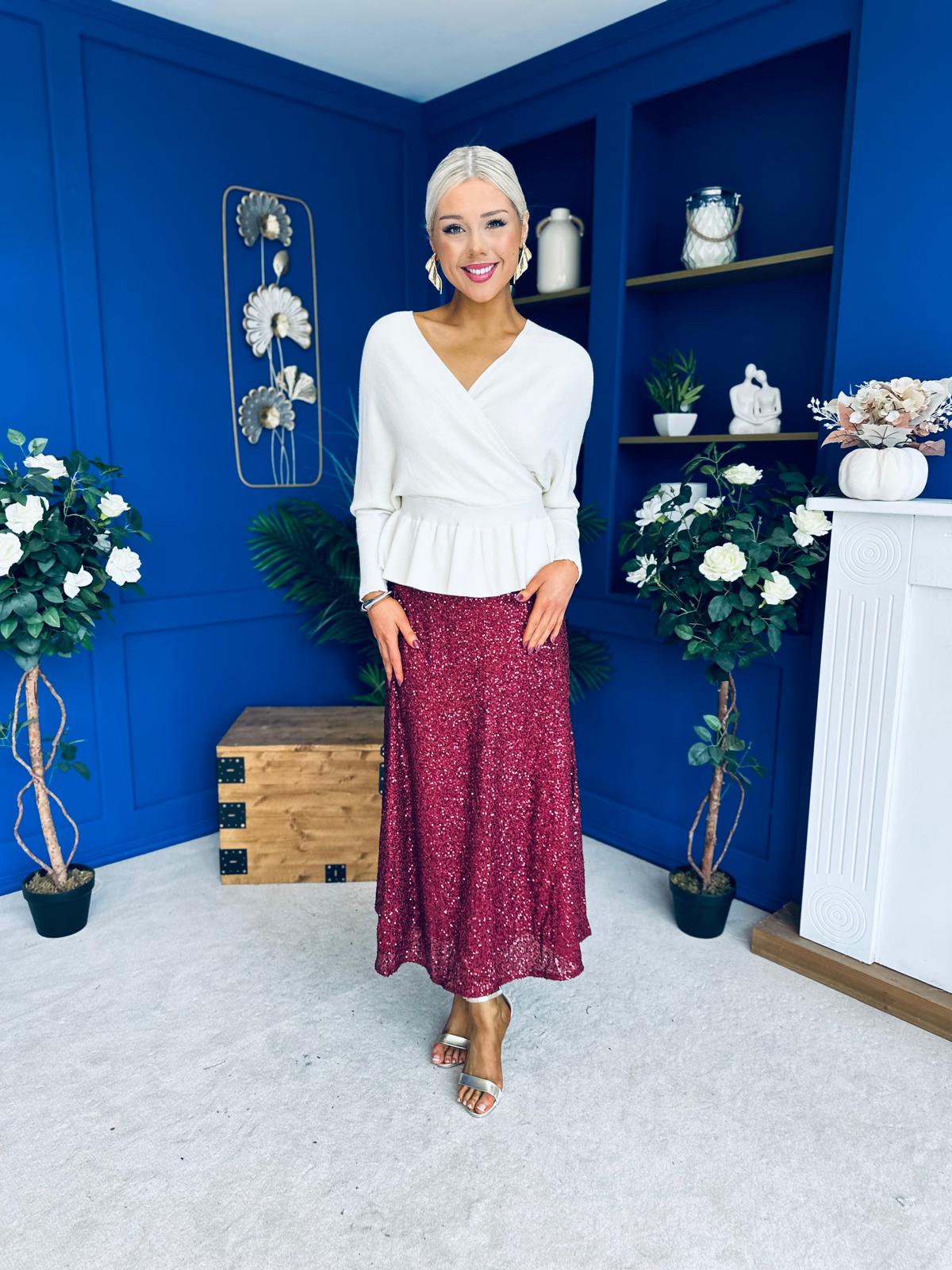 Jean Sequin Midi Skirt Wine