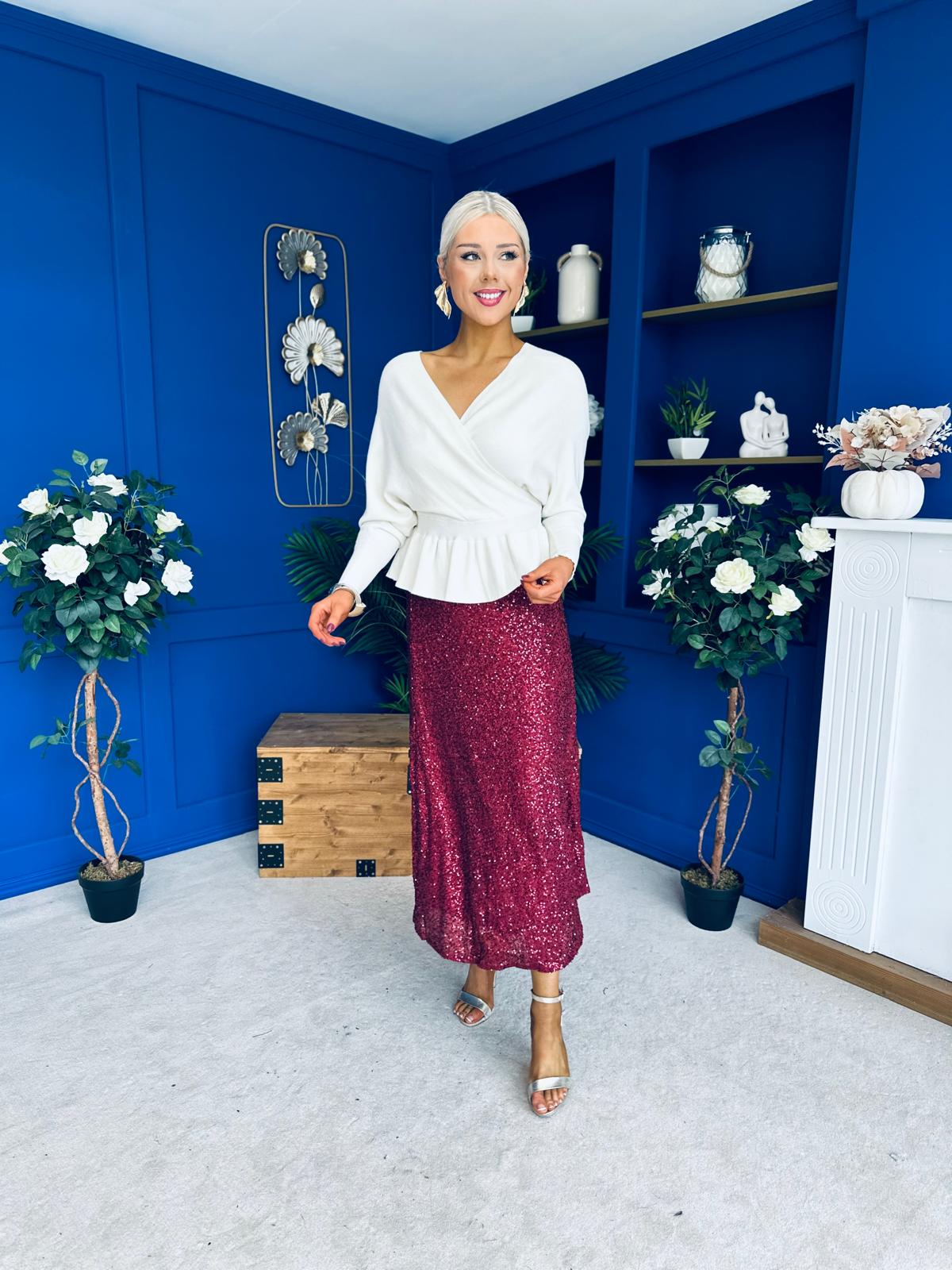 Jean Sequin Midi Skirt Wine
