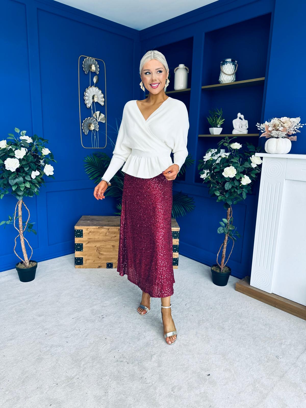 Jean Sequin Midi Skirt Wine