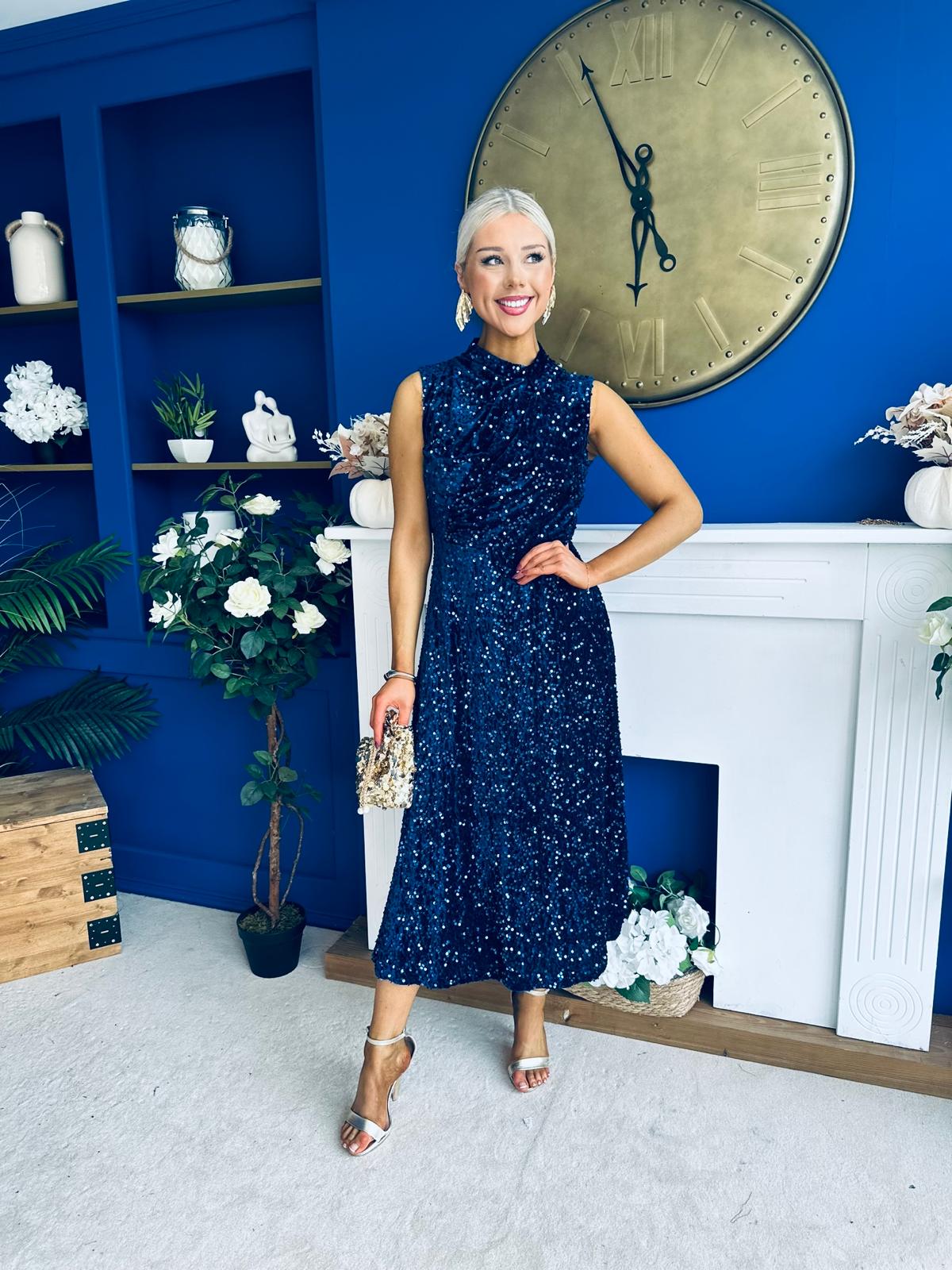 Parker Sequin Occasion Midi Dress Navy