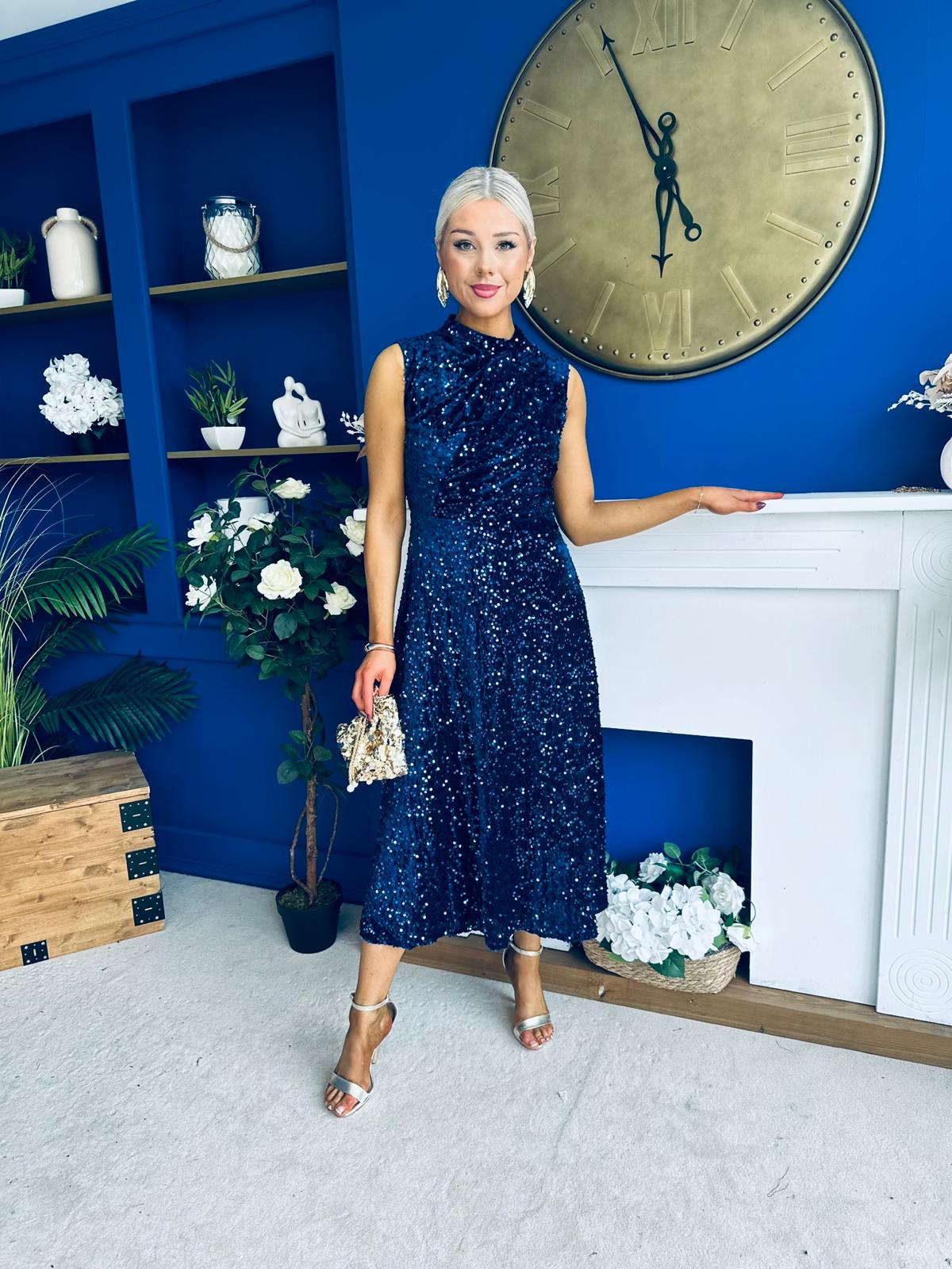 Parker Sequin Occasion Midi Dress Navy