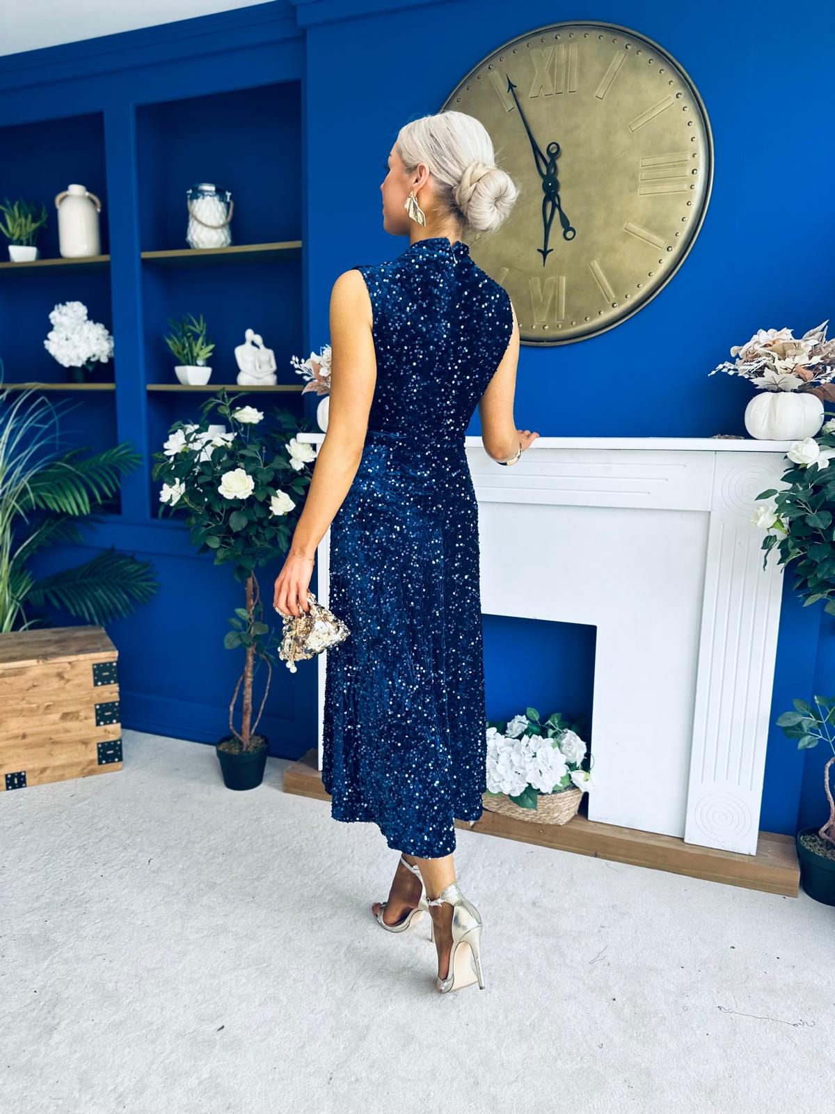 Parker Sequin Occasion Midi Dress Navy