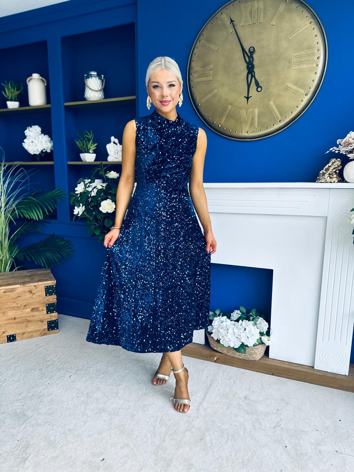 Parker Sequin Occasion Midi Dress Navy