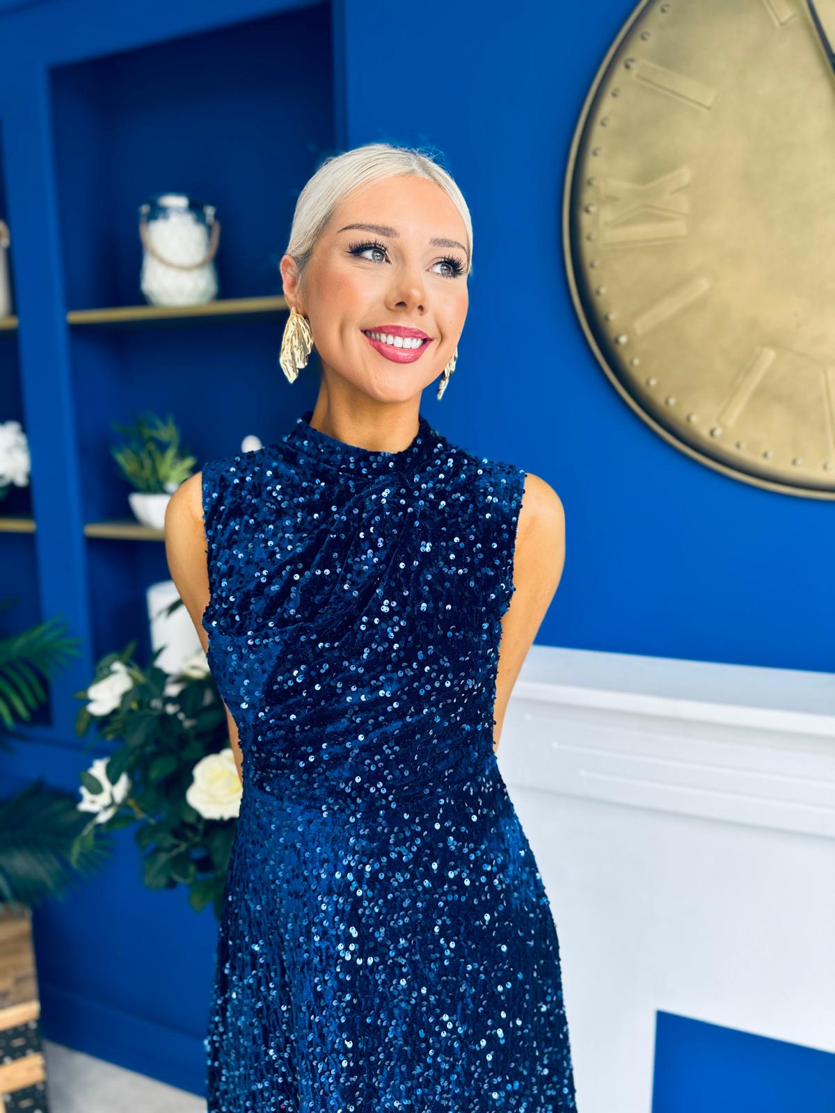 Parker Sequin Occasion Midi Dress Navy