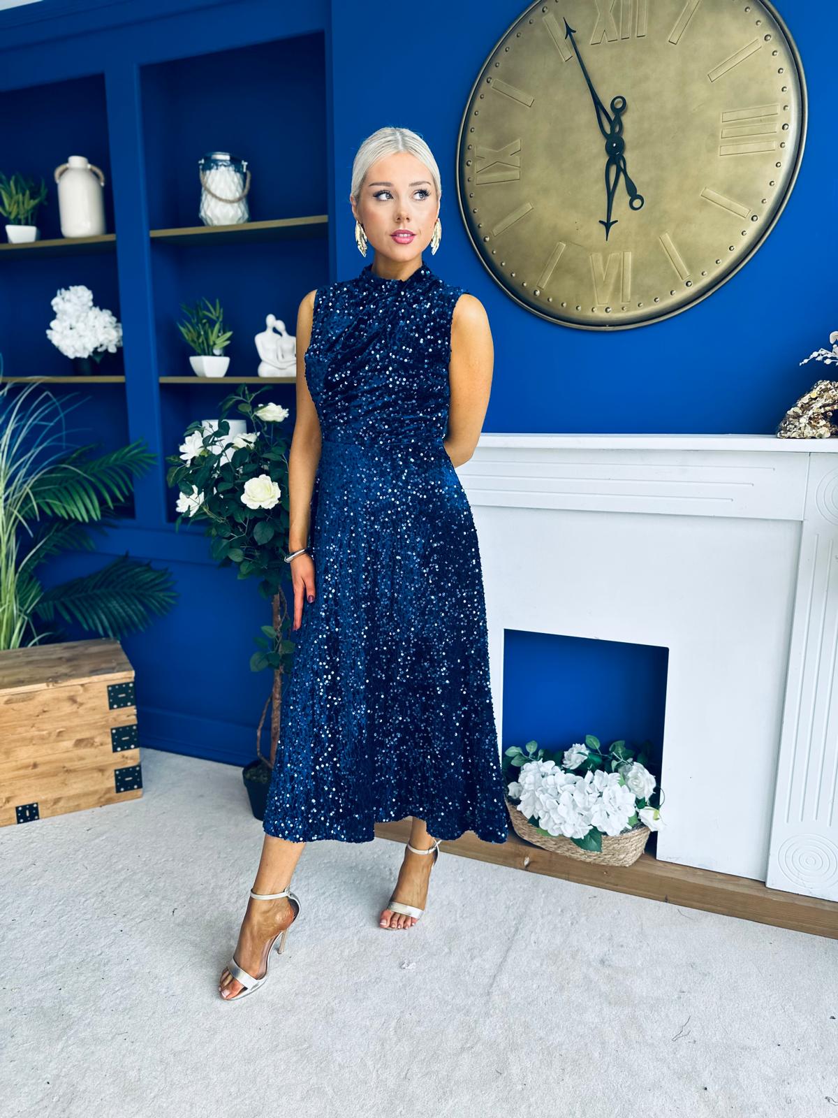 Parker Sequin Occasion Midi Dress Navy