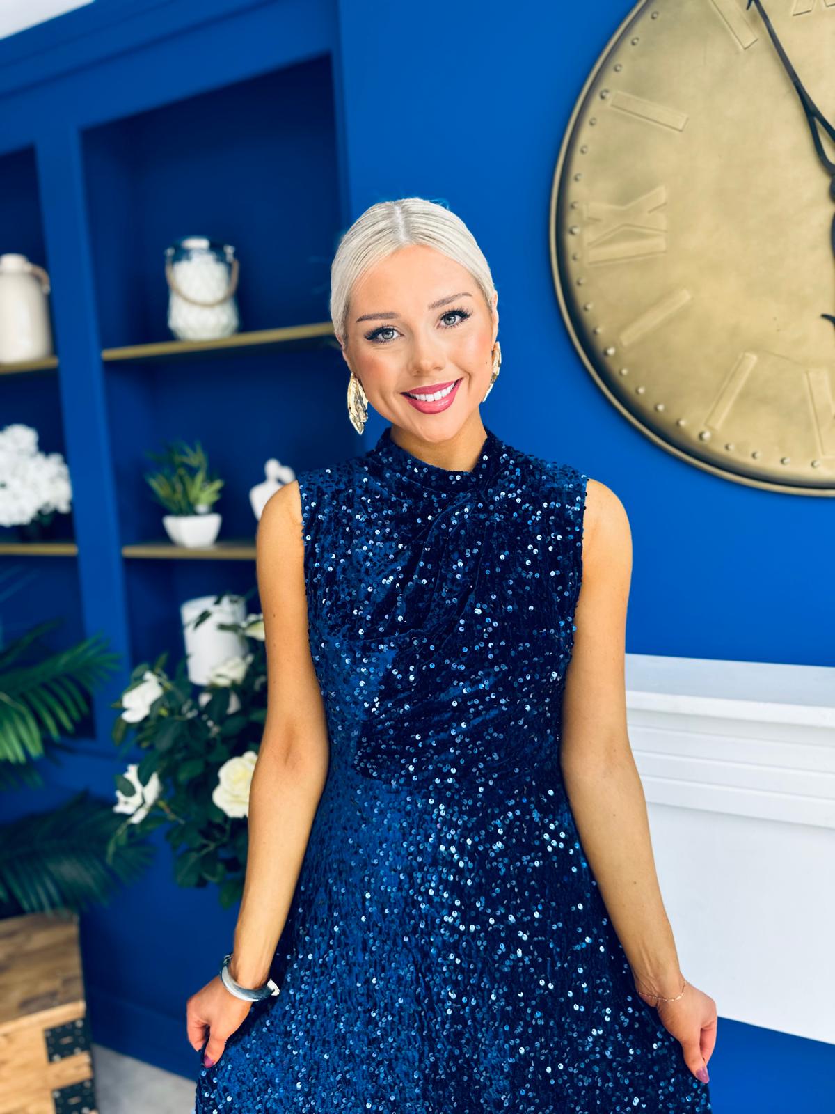 Parker Sequin Occasion Midi Dress Navy