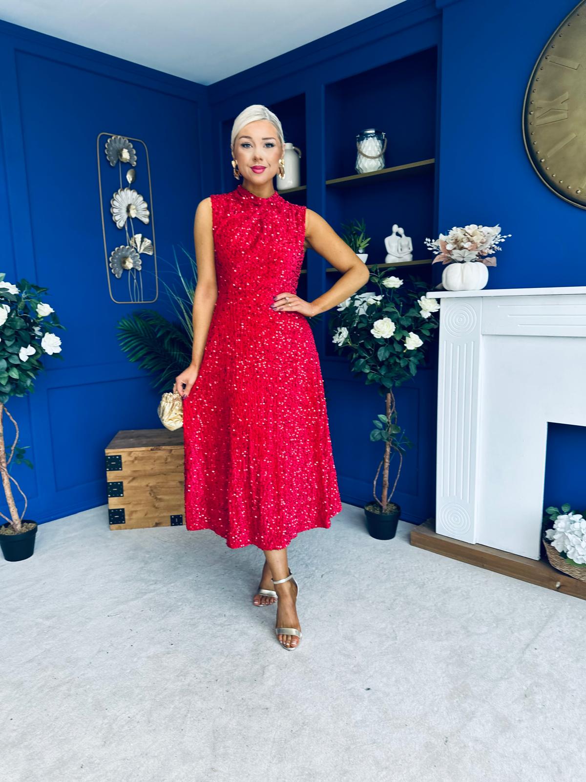 Parker Sequin Occasion Midi Dress Red