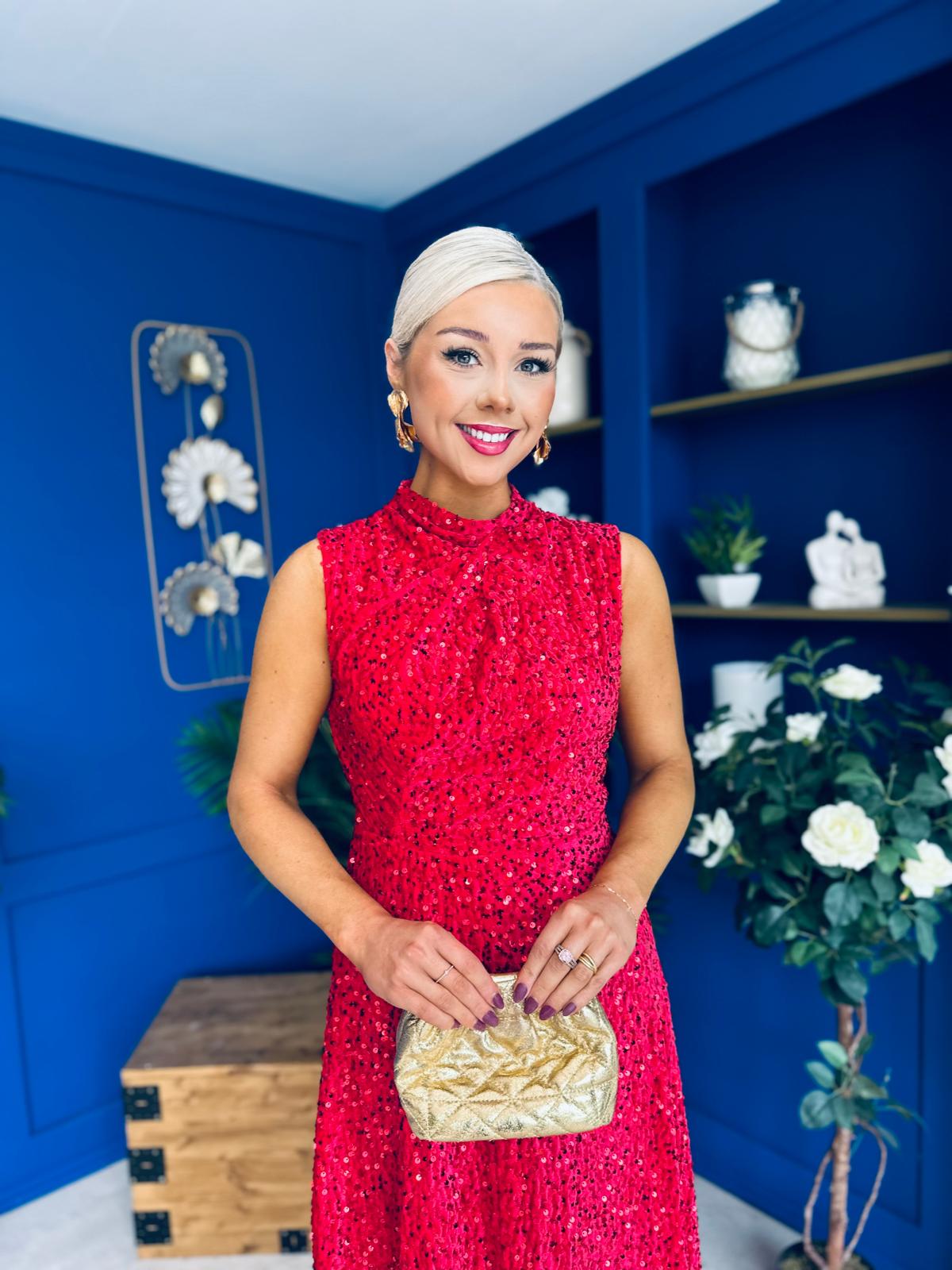 Parker Sequin Occasion Midi Dress Red