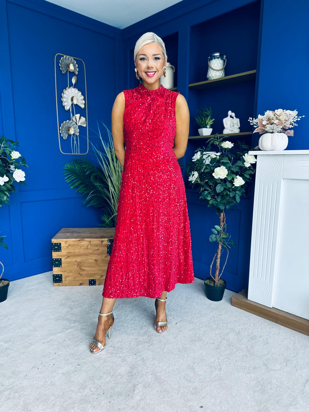 Parker Sequin Occasion Midi Dress Red