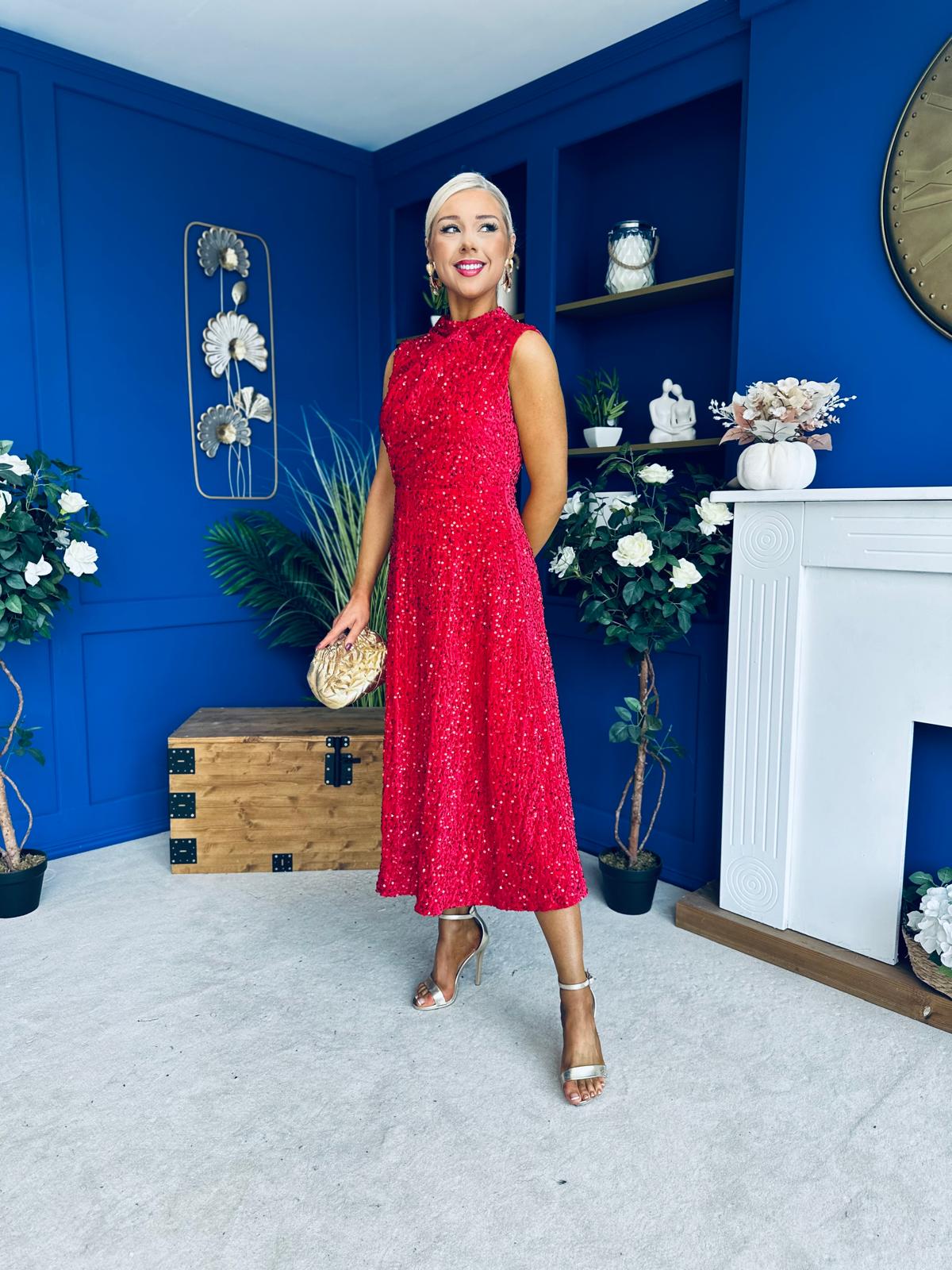 Parker Sequin Occasion Midi Dress Red