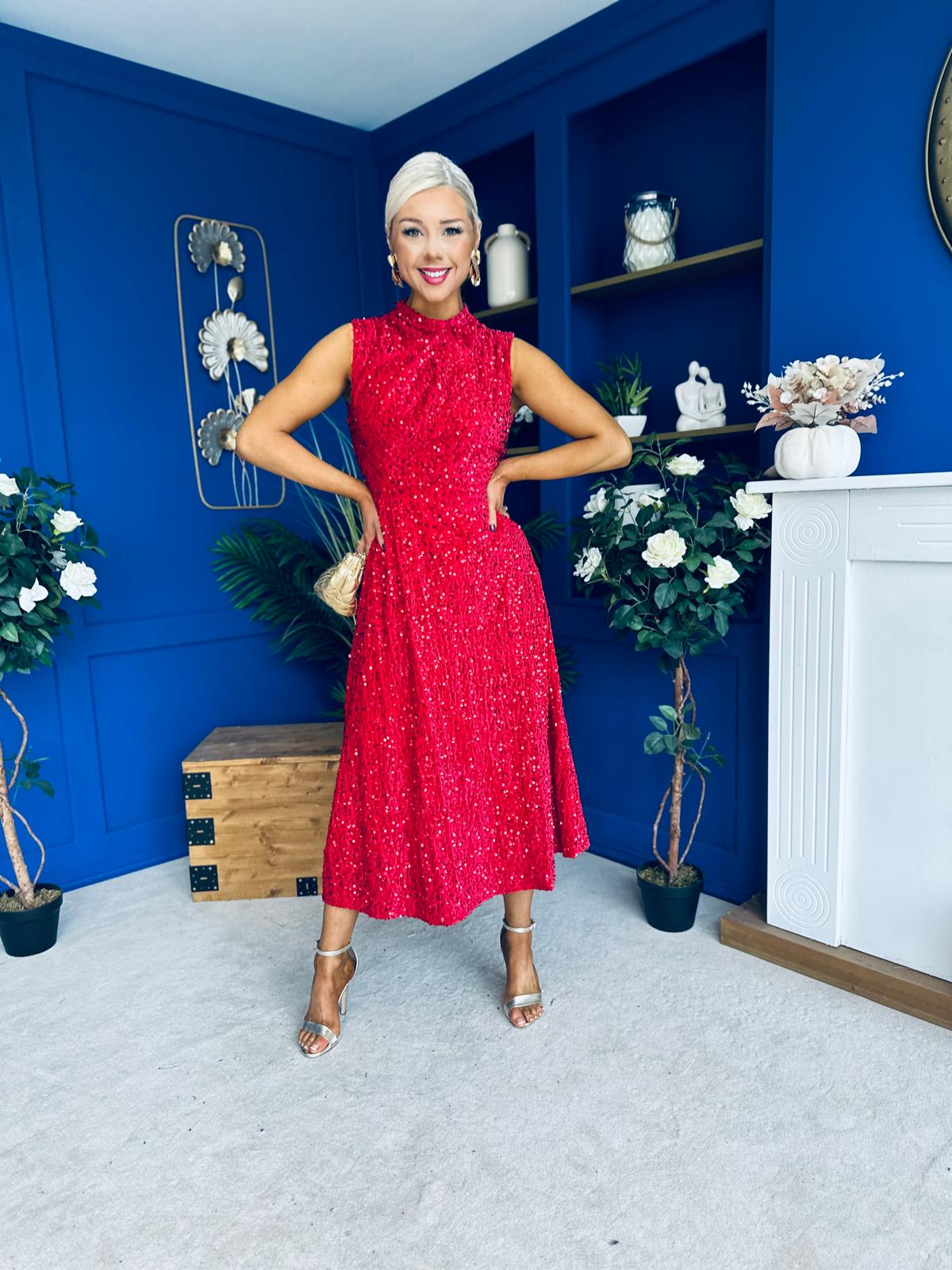 Parker Sequin Occasion Midi Dress Red