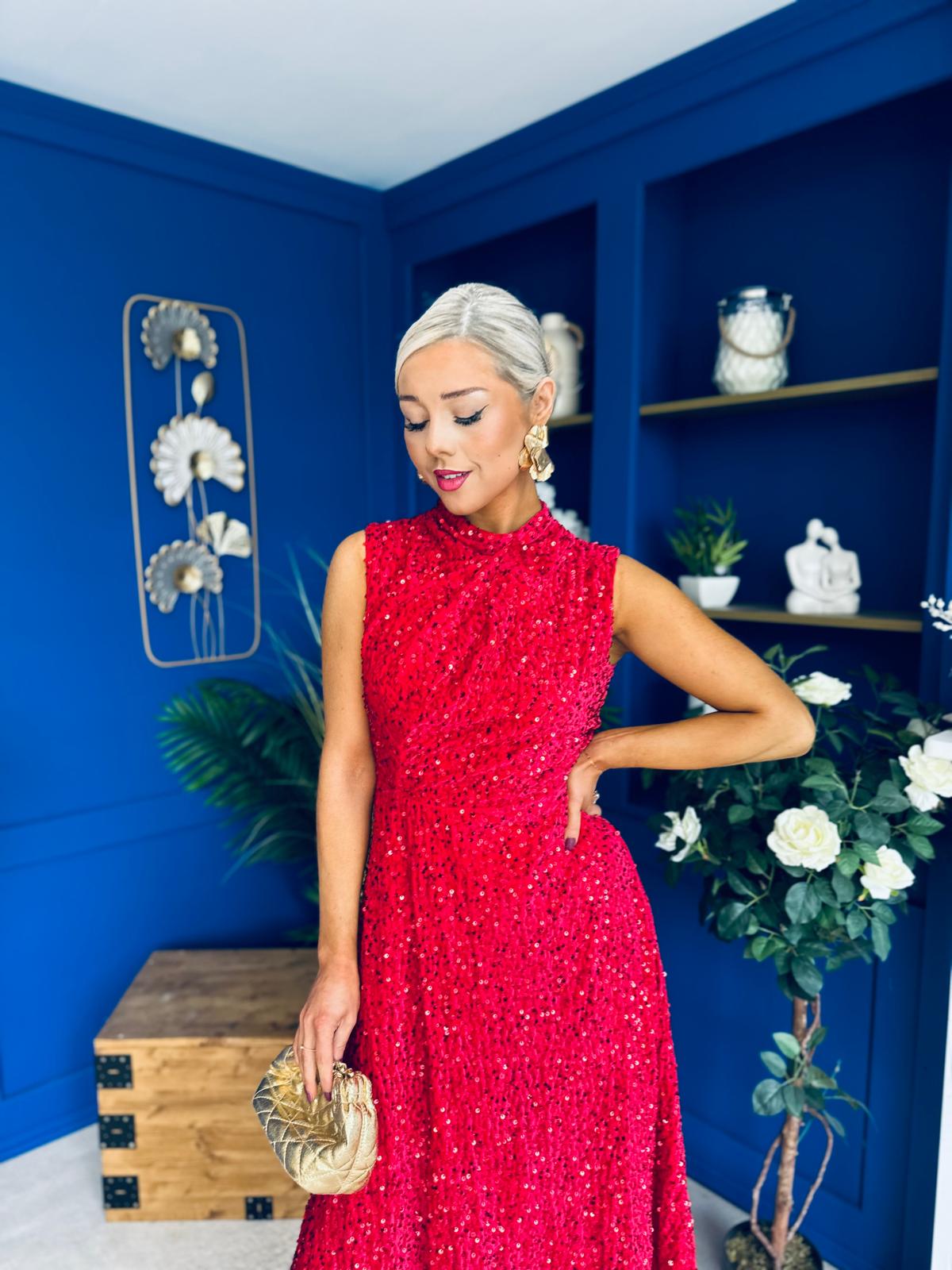 Parker Sequin Occasion Midi Dress Red
