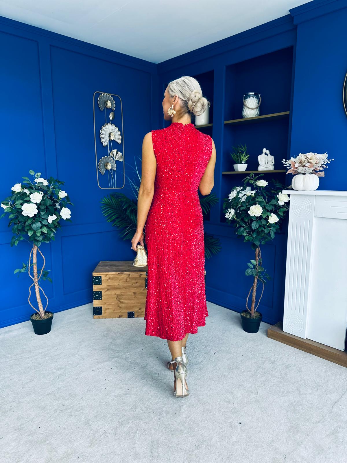 Parker Sequin Occasion Midi Dress Red