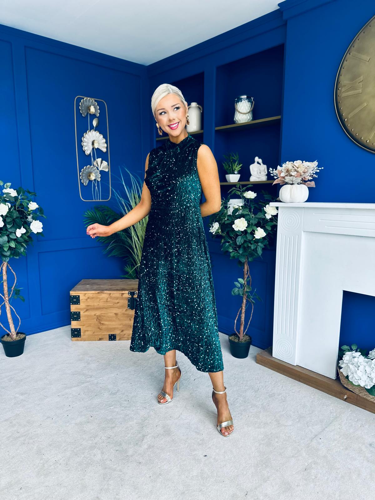 Parker Sequin Occasion Midi Dress Forest