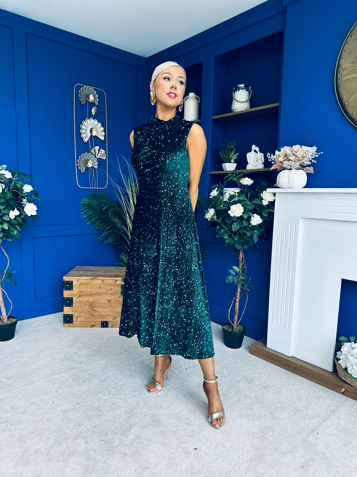 Parker Sequin Occasion Midi Dress Forest