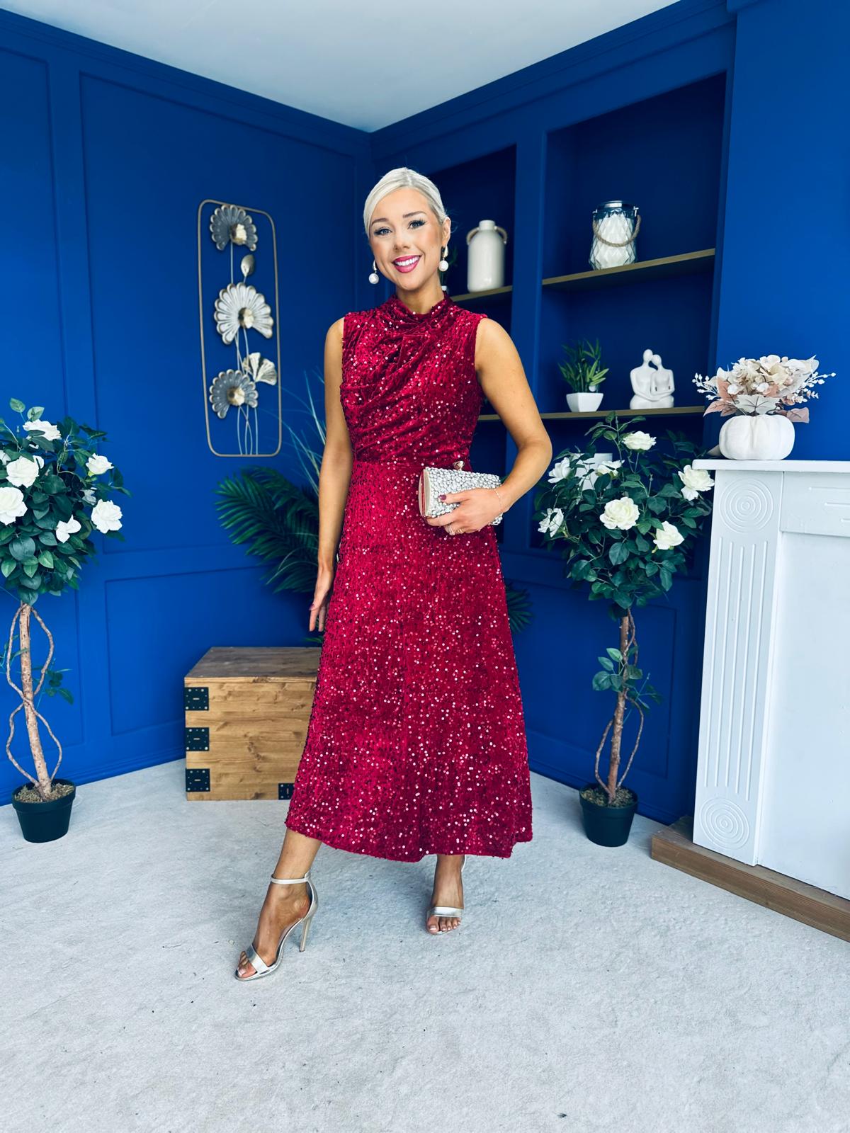 Parker Sequin Occasion Midi Dress Wine
