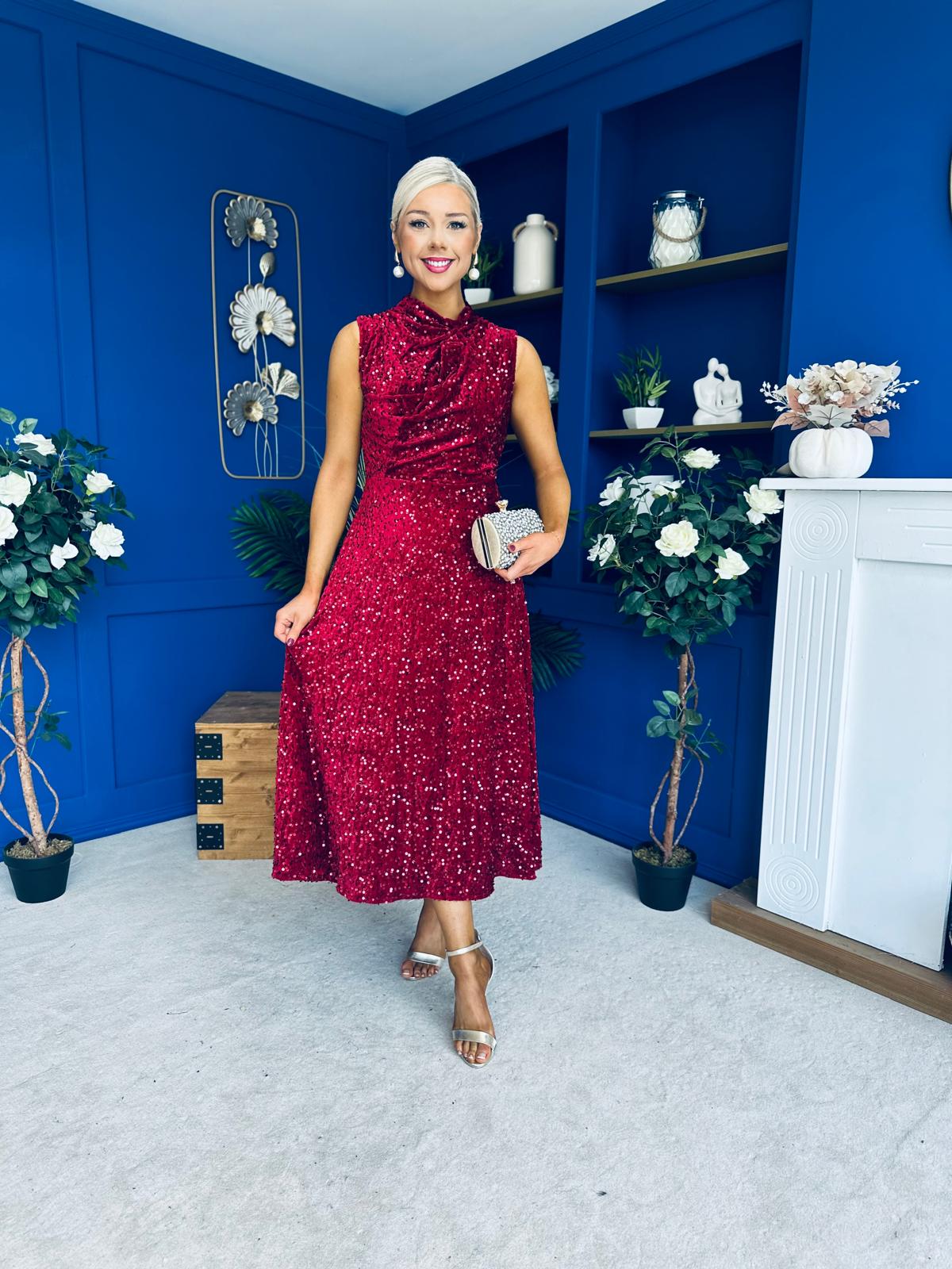 Parker Sequin Occasion Midi Dress Wine