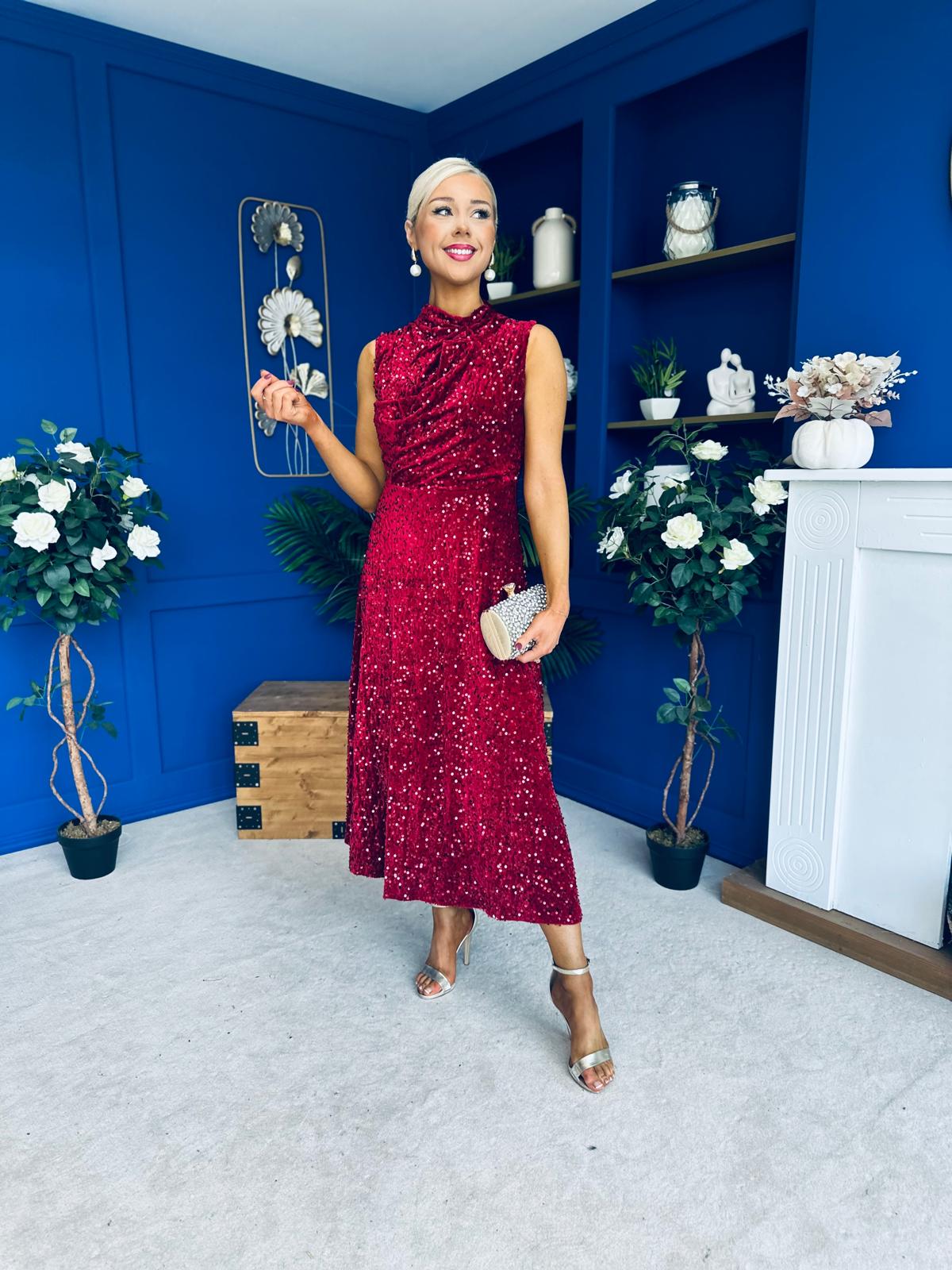 Parker Sequin Occasion Midi Dress Wine
