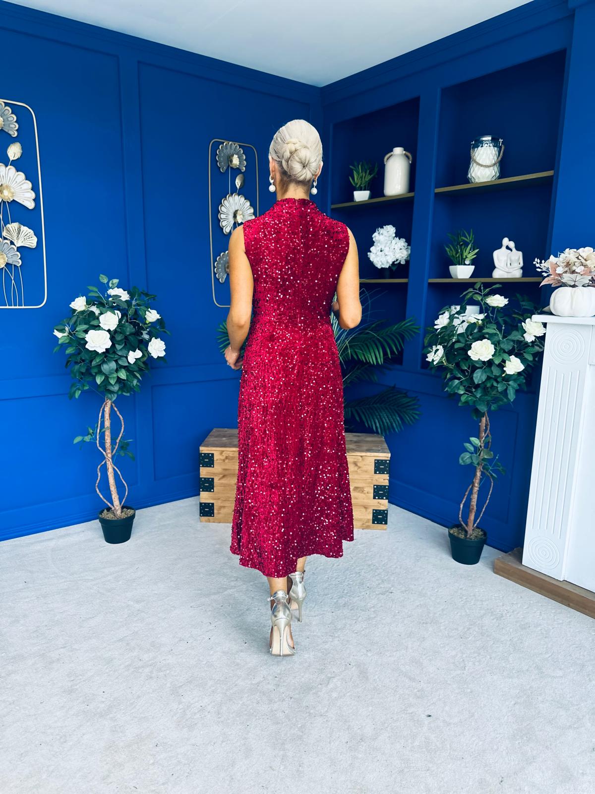 Parker Sequin Occasion Midi Dress Wine