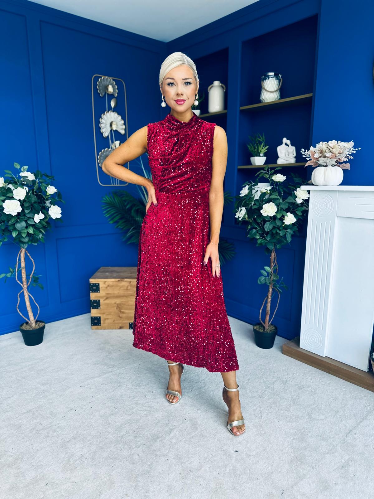 Parker Sequin Occasion Midi Dress Wine