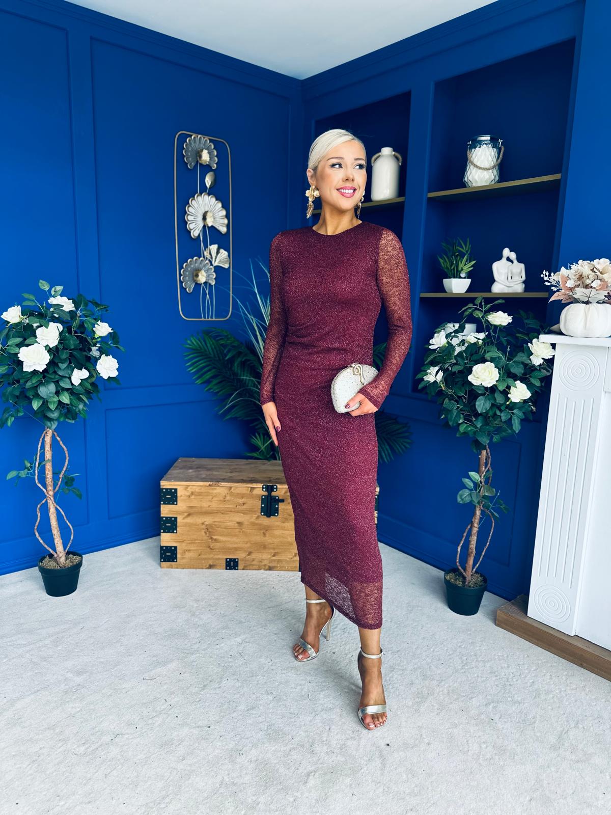 Sophia Gathered Shimmer Maxi Dress Wine