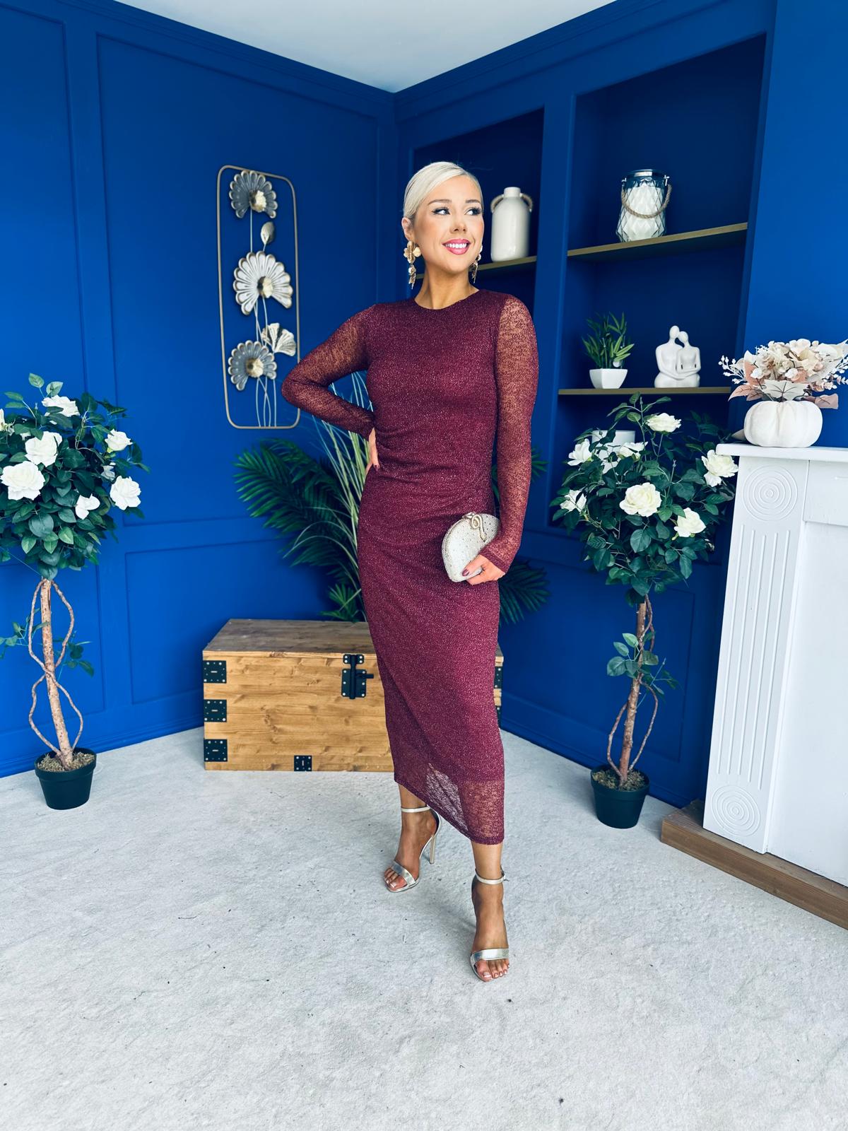 Sophia Gathered Shimmer Maxi Dress Wine