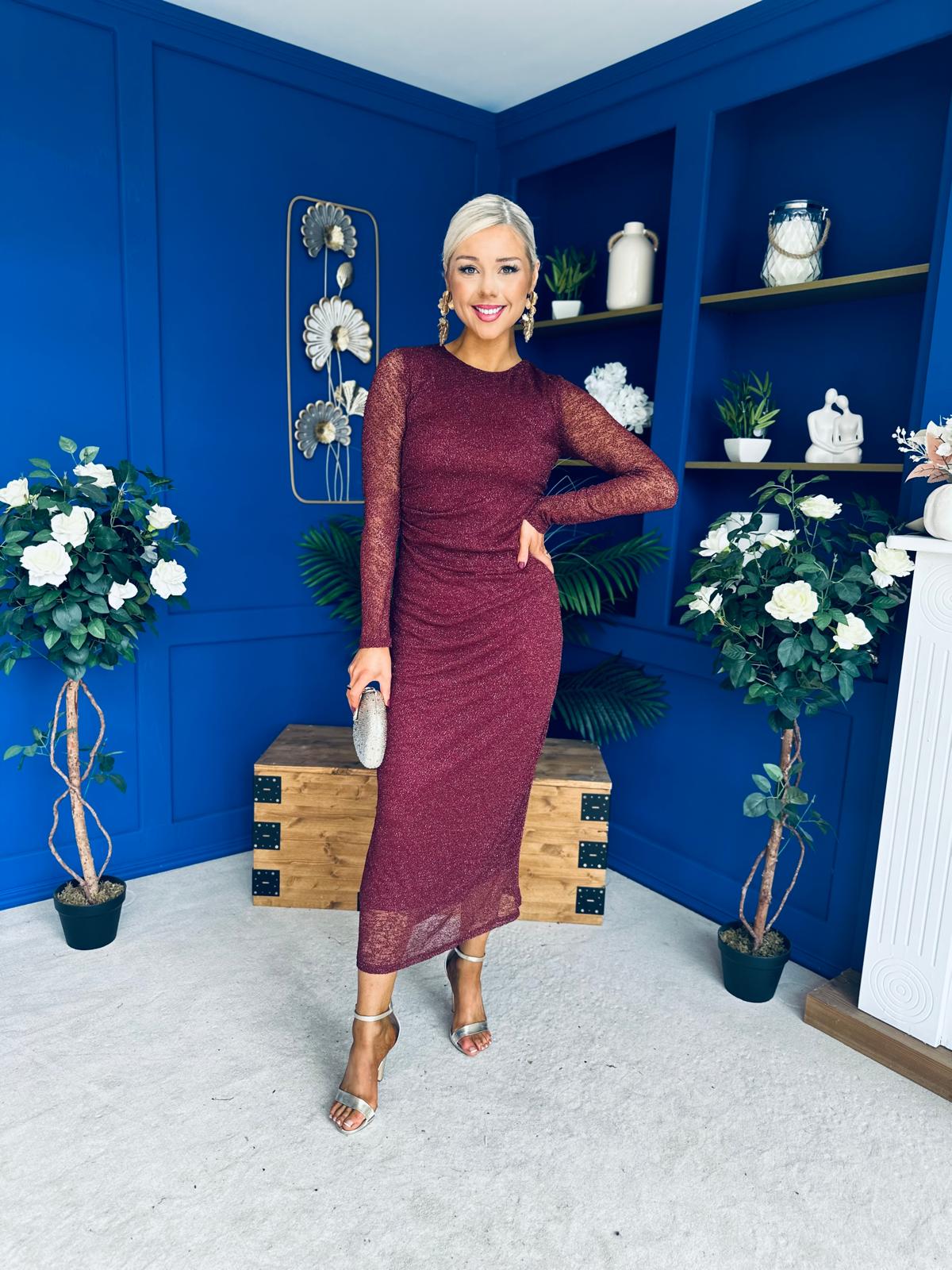 Sophia Gathered Shimmer Maxi Dress Wine